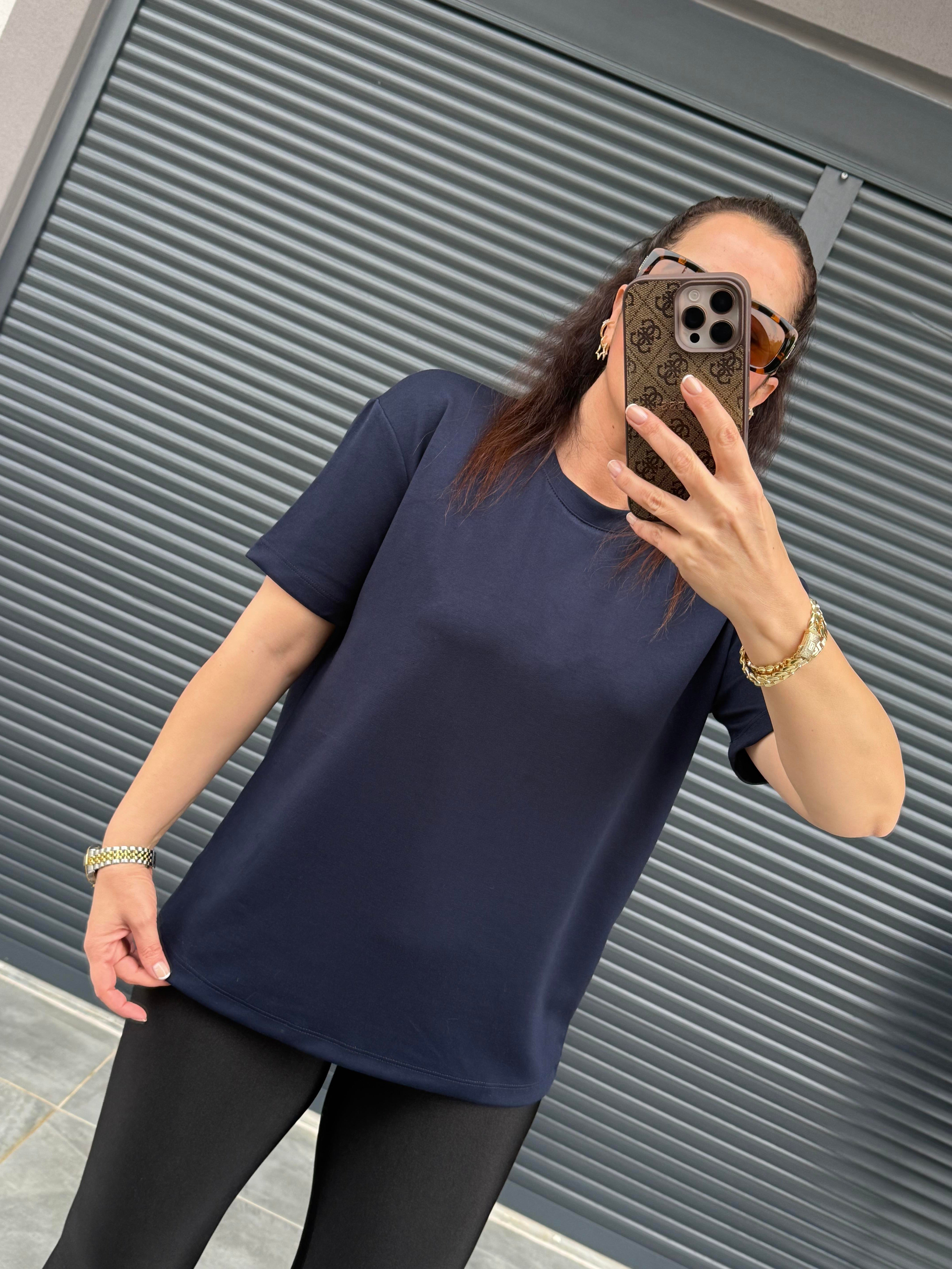 Modal Kumaş Bisiklet Yaka Basic T-Shirt Lacivert