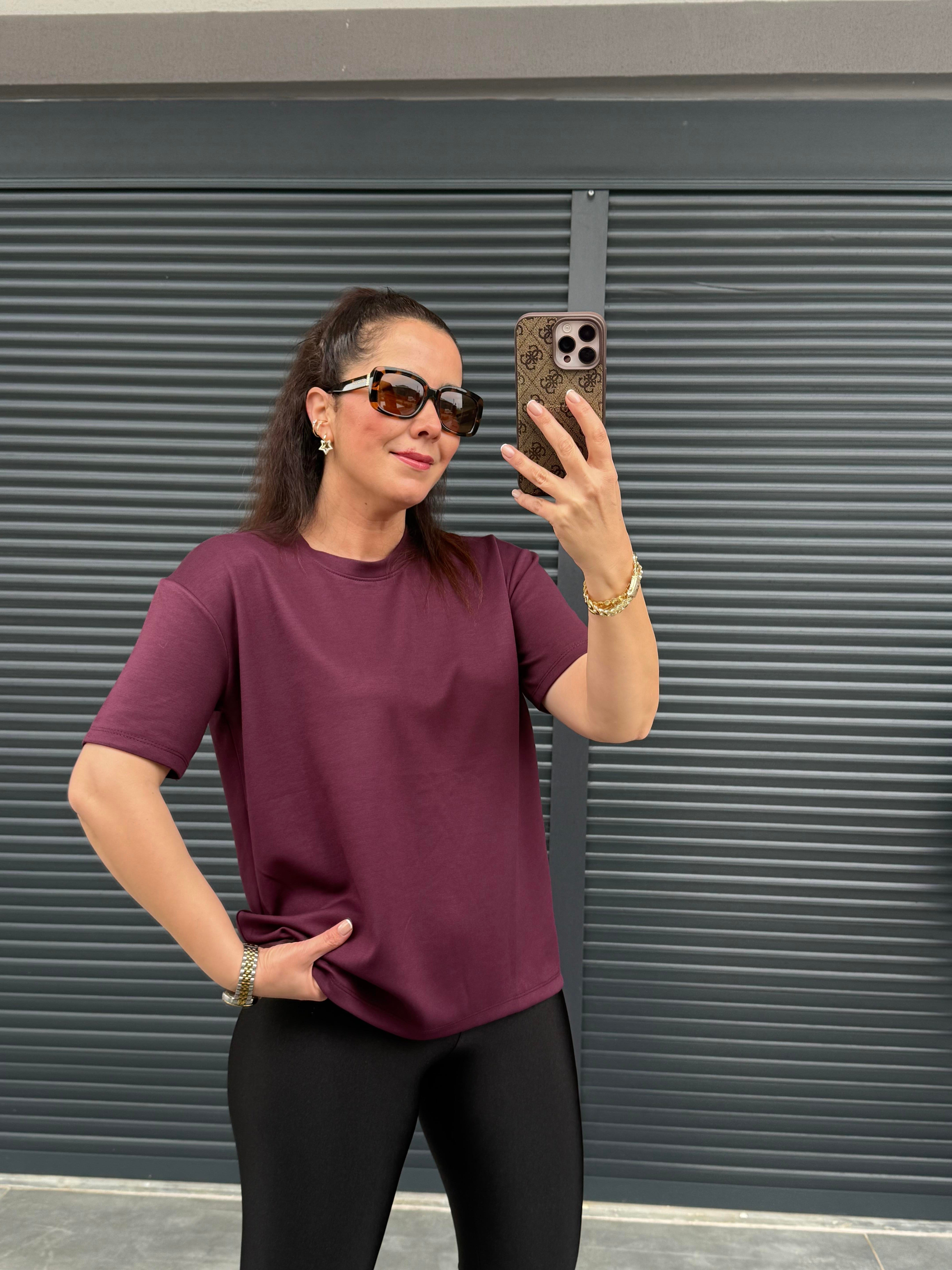 Modal Kumaş Bisiklet Yaka Basic T-Shirt Mürdüm