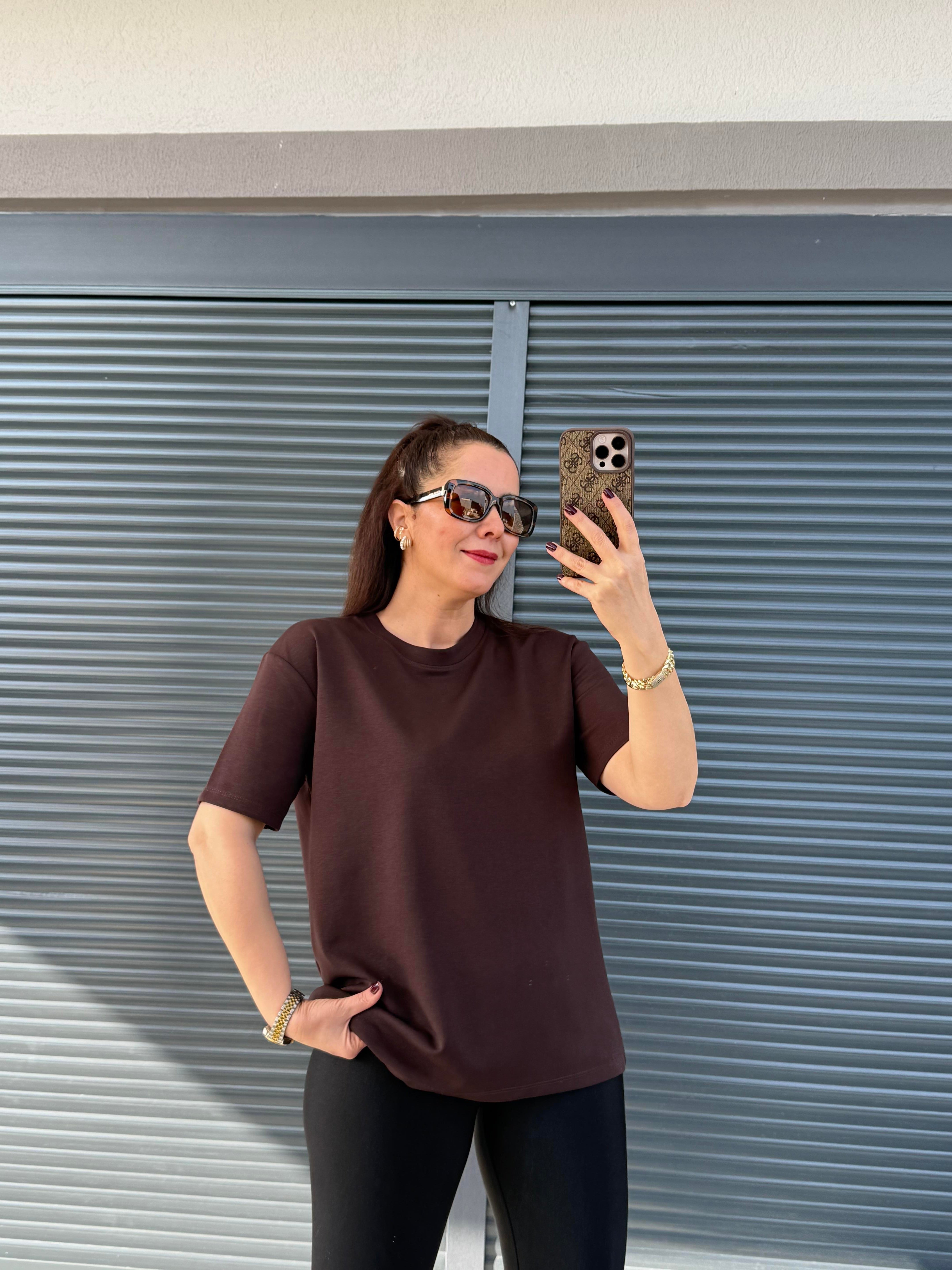 Modal Kumaş Bisiklet Yaka Basic T-Shirt Acı Kahve