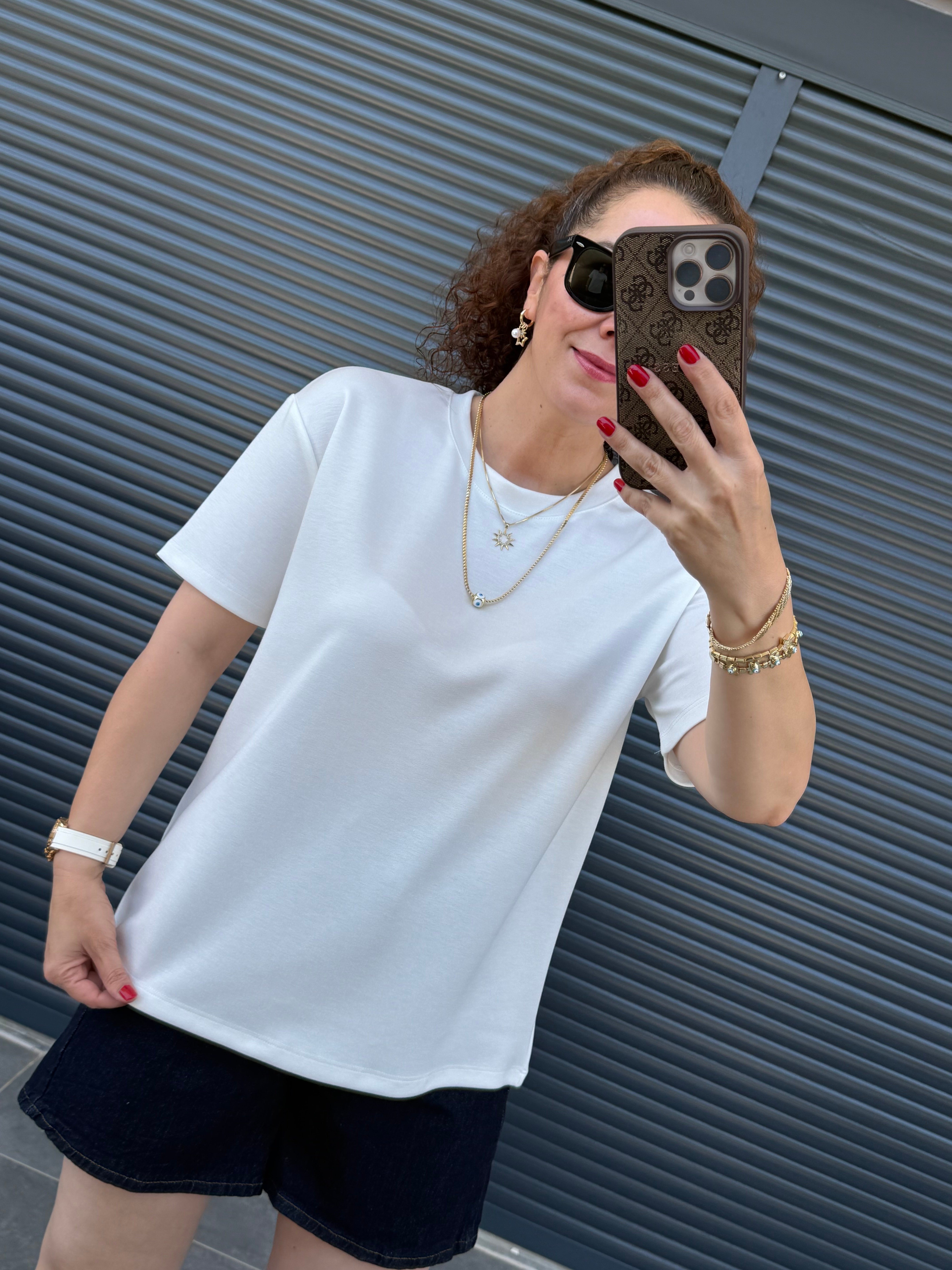 Modal Kumaş Bisiklet Yaka Basic T-Shirt Beyaz