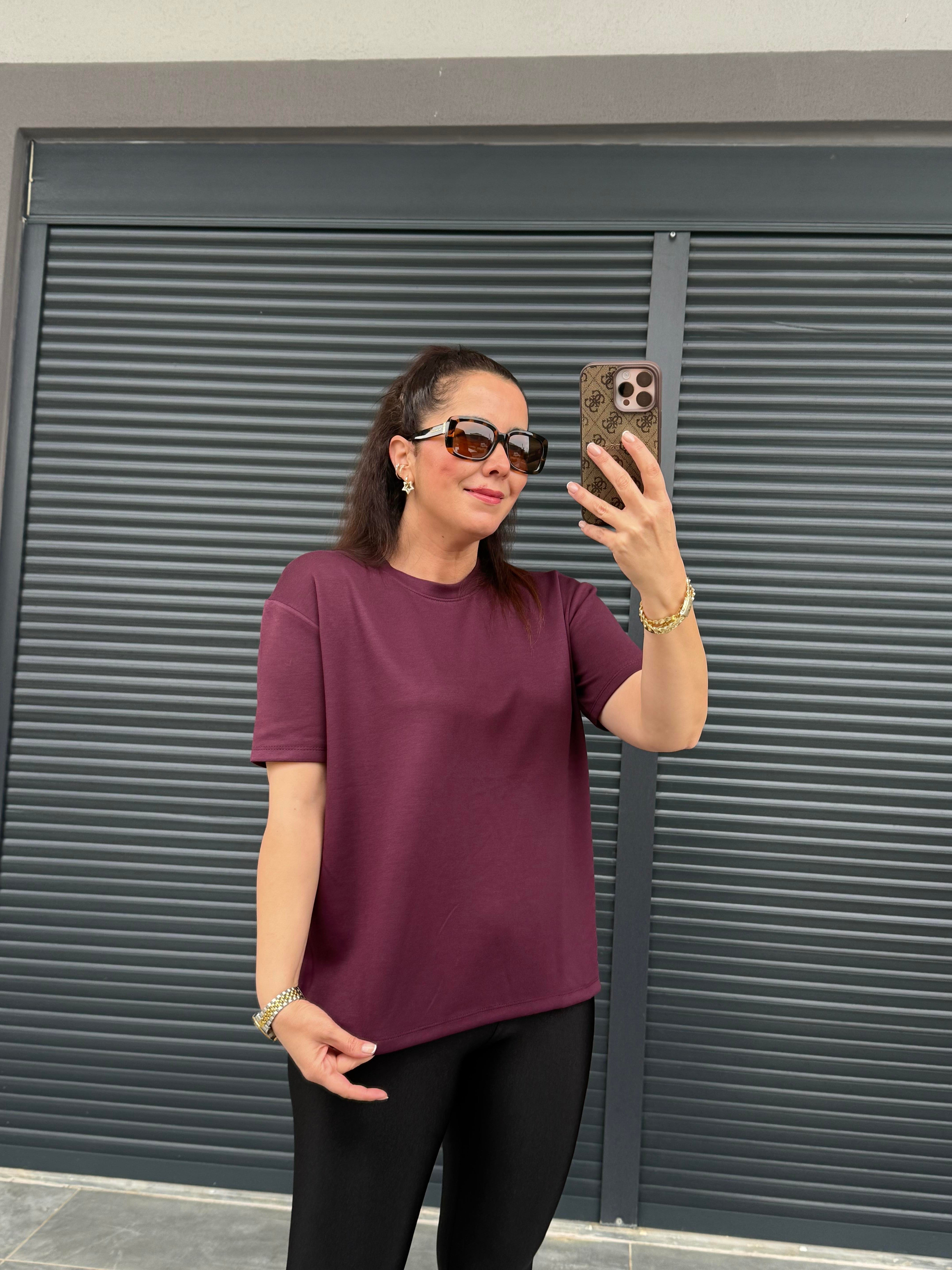 Modal Kumaş Bisiklet Yaka Basic T-Shirt Mürdüm