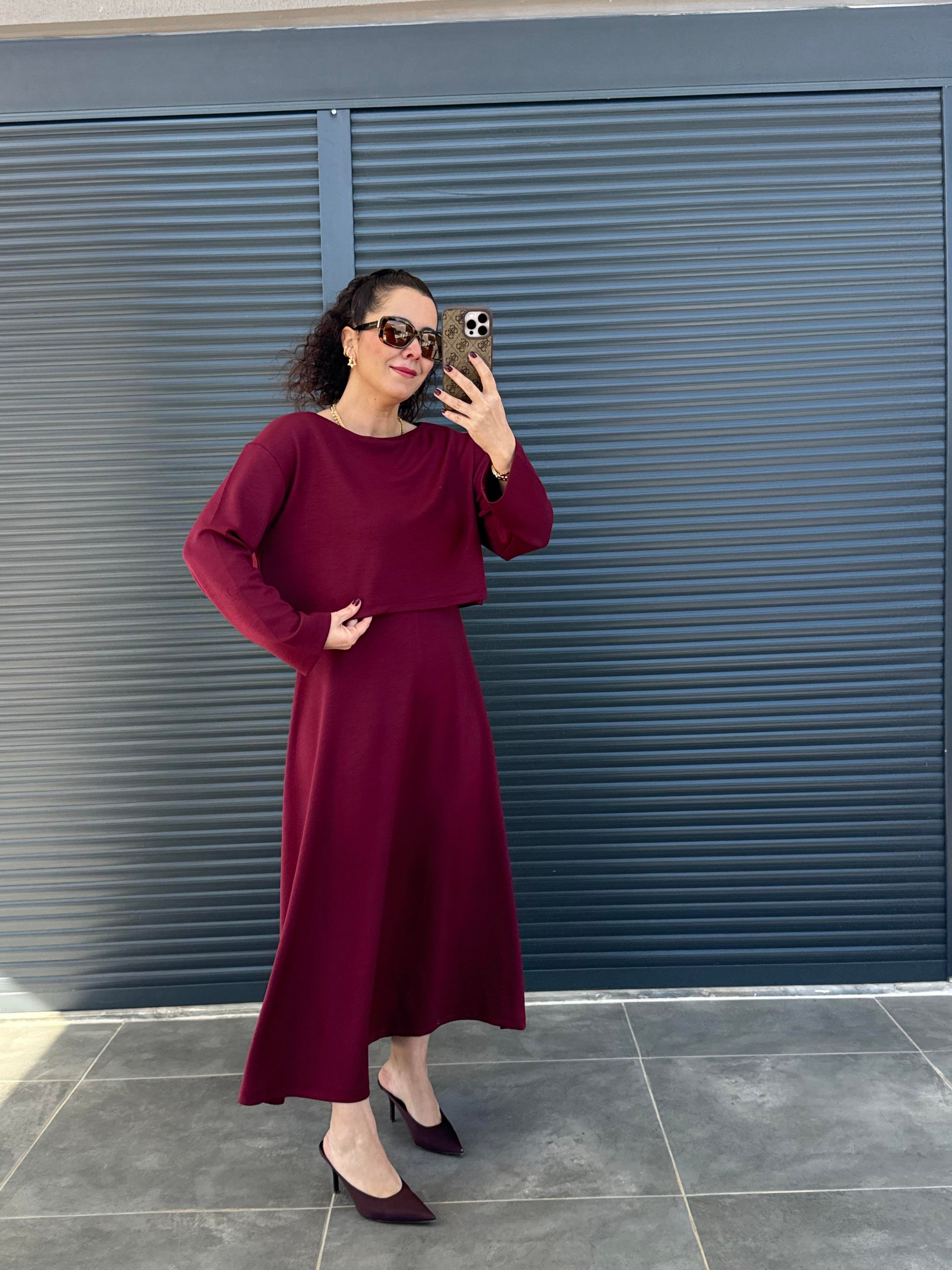 Modal Kumaş Elbise Bluz Takım Bordo