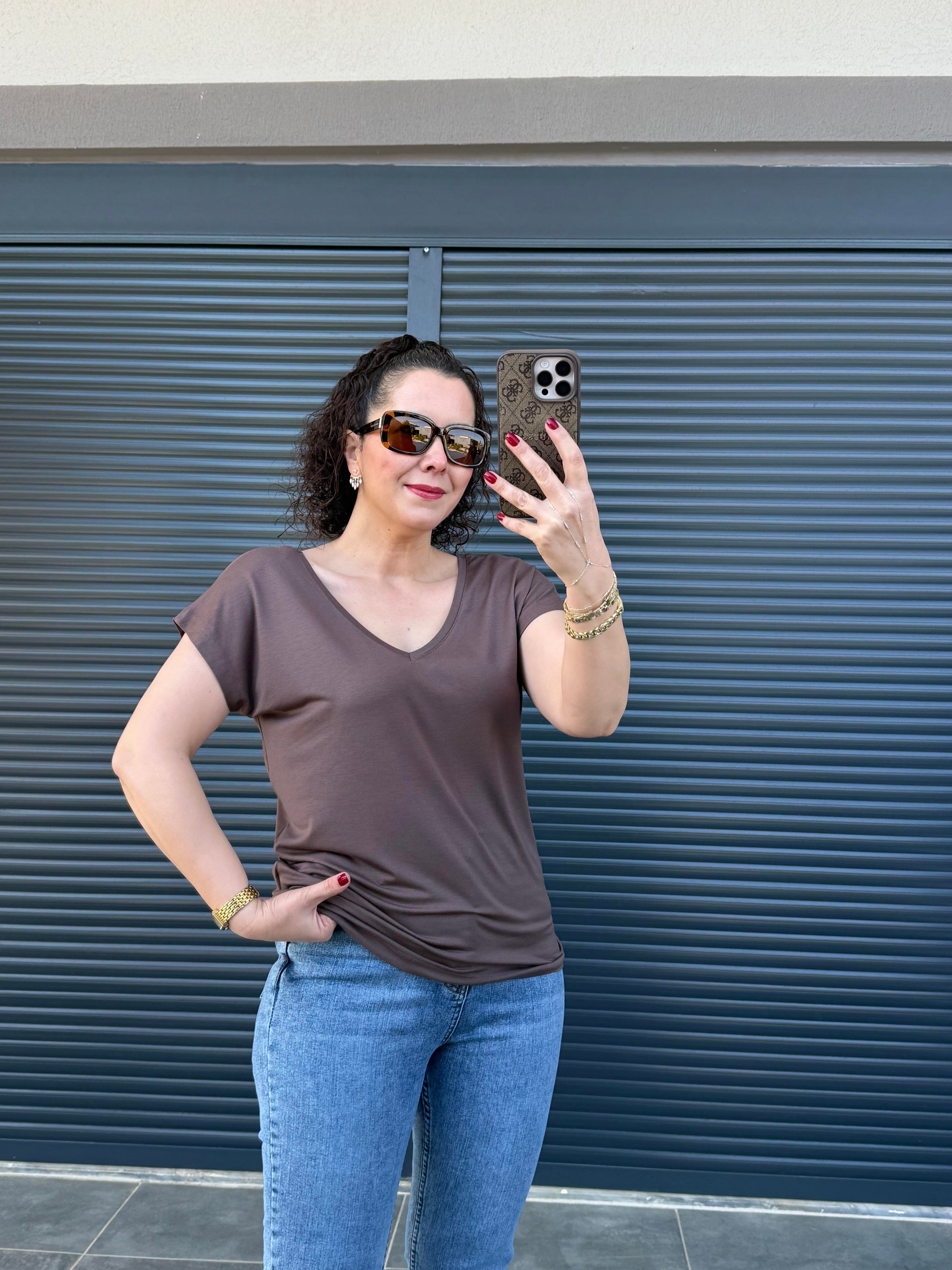 Modal Kumaş Ön Arka V Yaka T-Shirt  Kahverengi