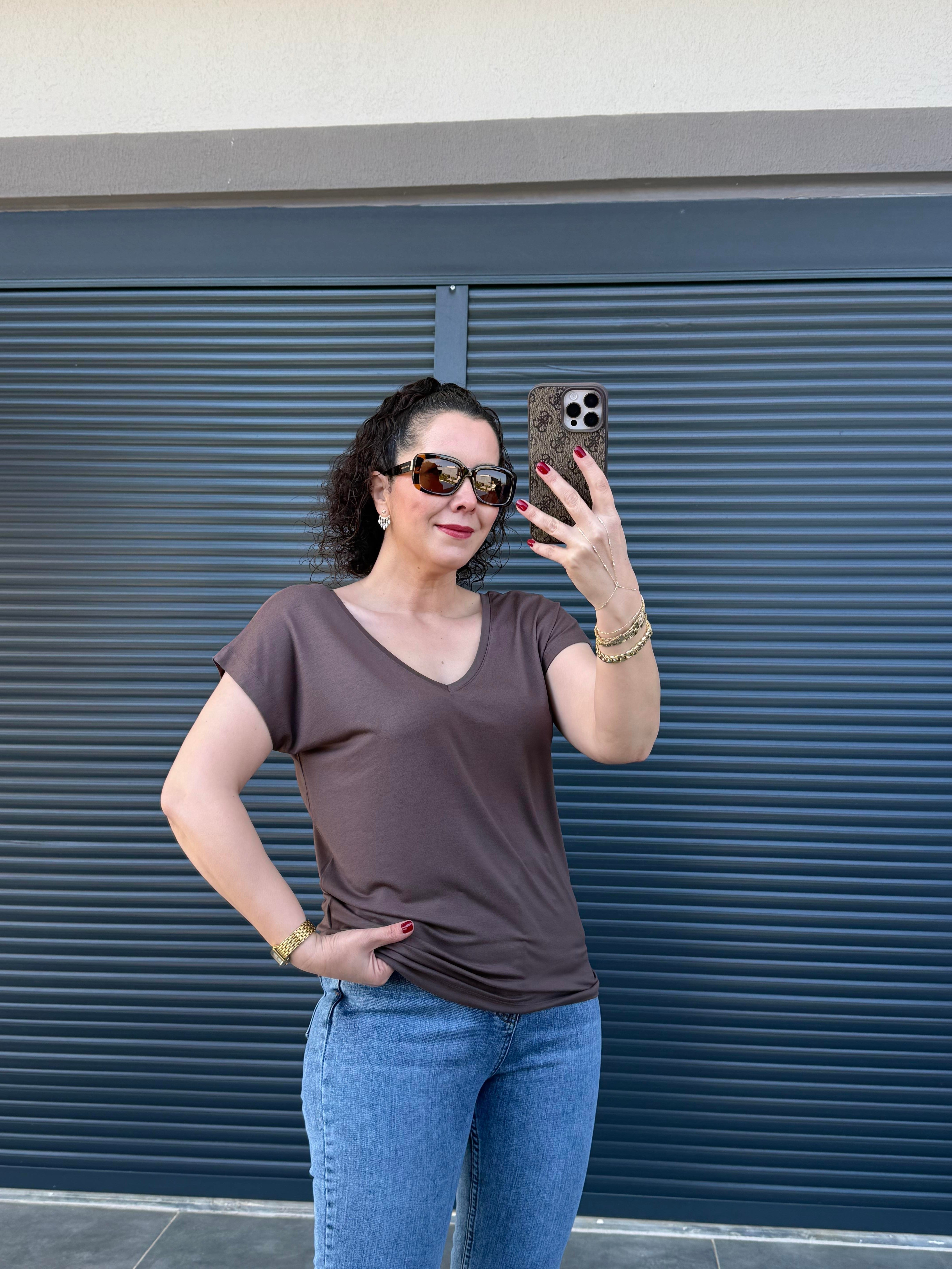 Modal Kumaş Ön Arka V Yaka T-Shirt  Kahverengi