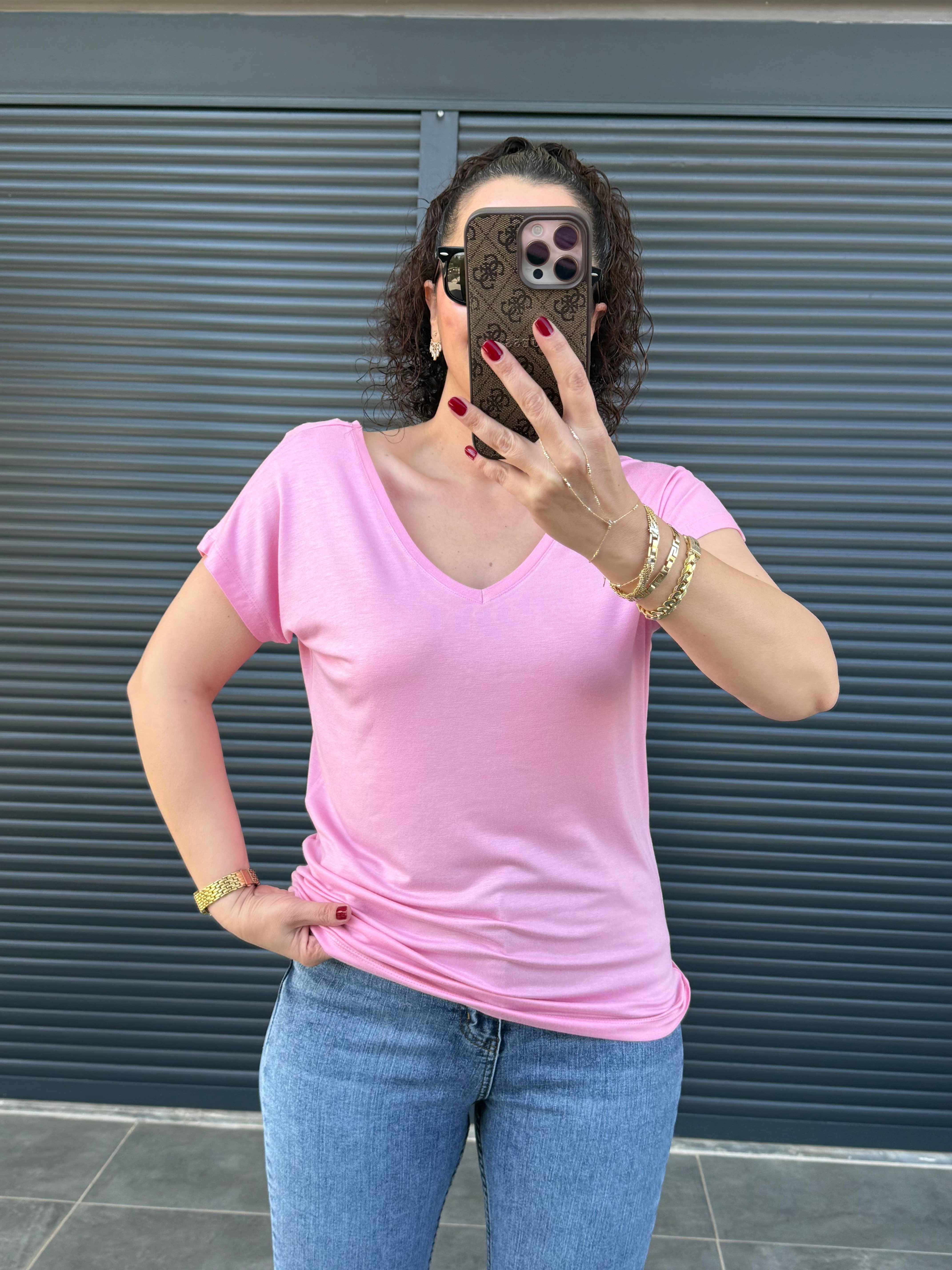 Modal Kumaş Ön Arka V Yaka T-Shirt Pembe