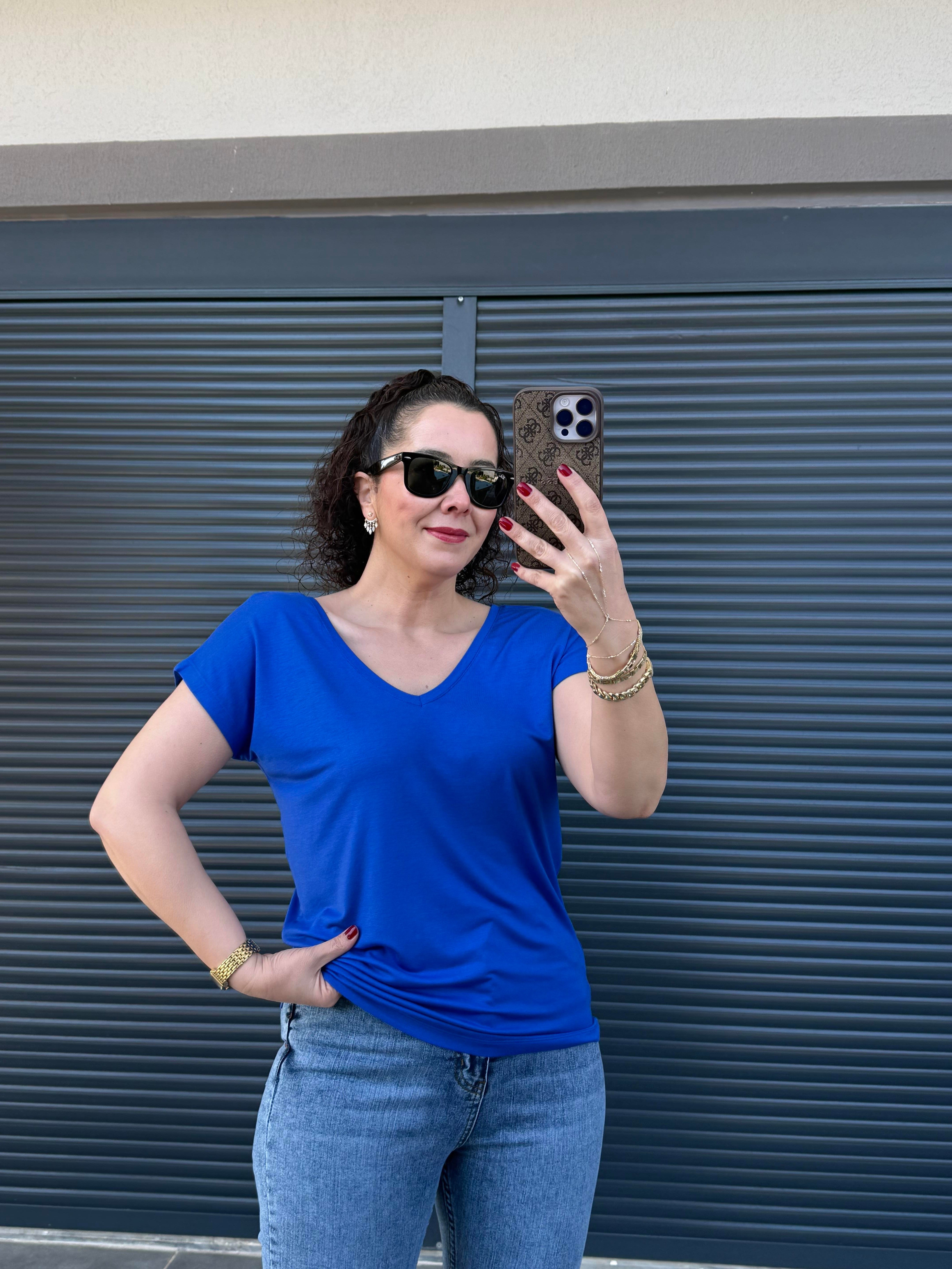 Modal Kumaş Ön Arka V Yaka T-Shirt  Saks Mavi