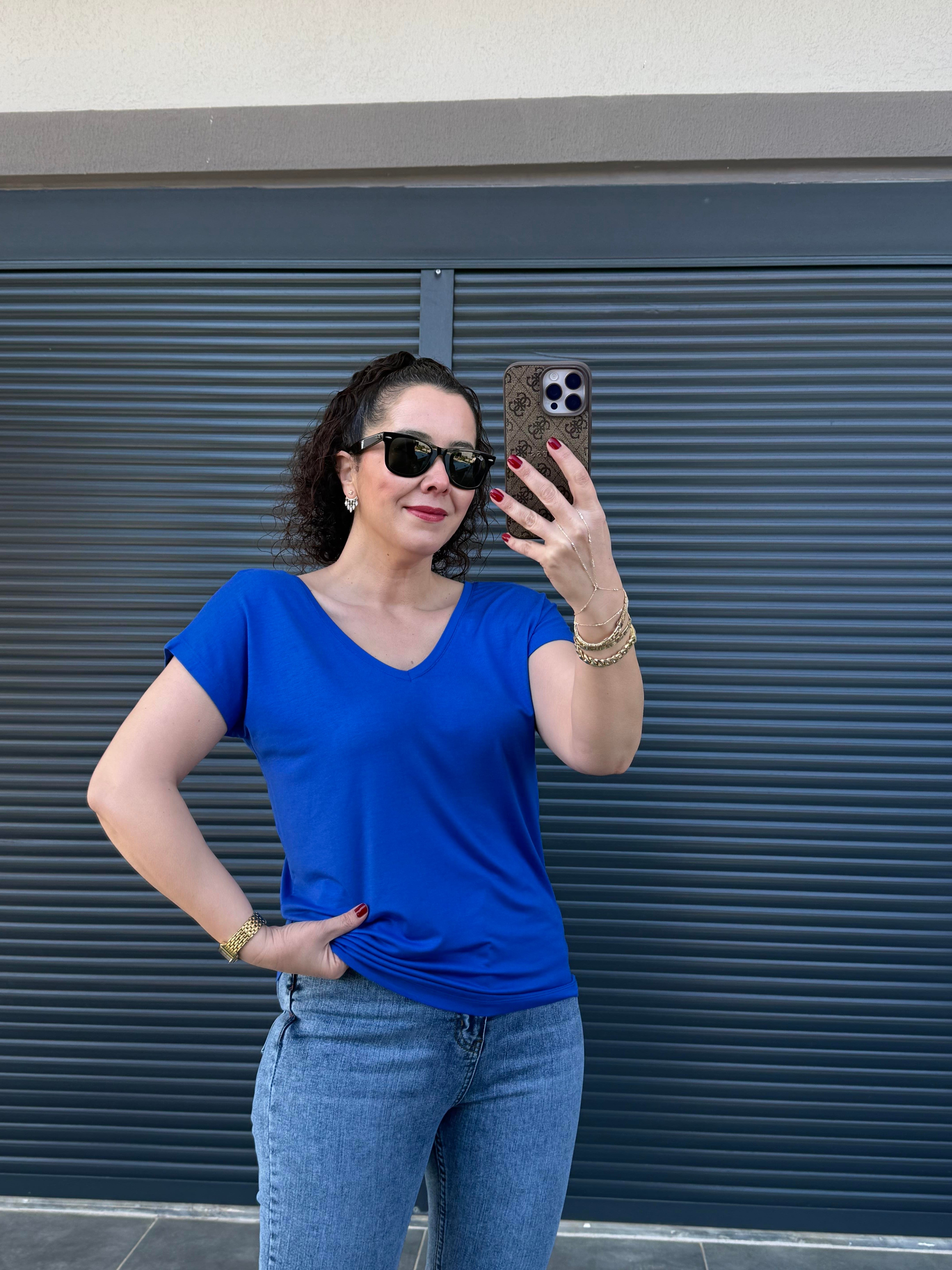 Modal Kumaş Ön Arka V Yaka T-Shirt  Saks Mavi