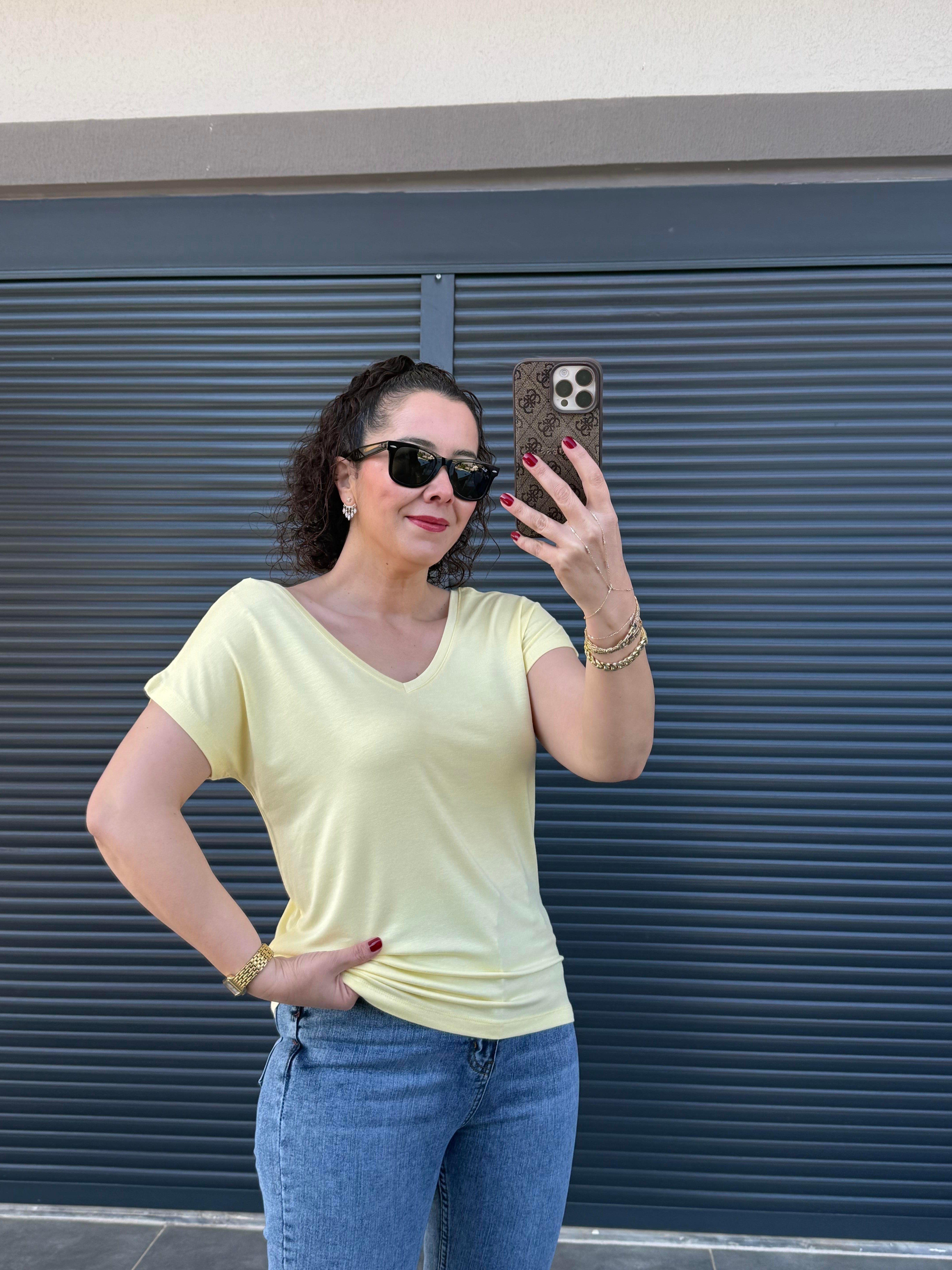 Modal Kumaş Ön Arka V Yaka T-Shirt Sarı