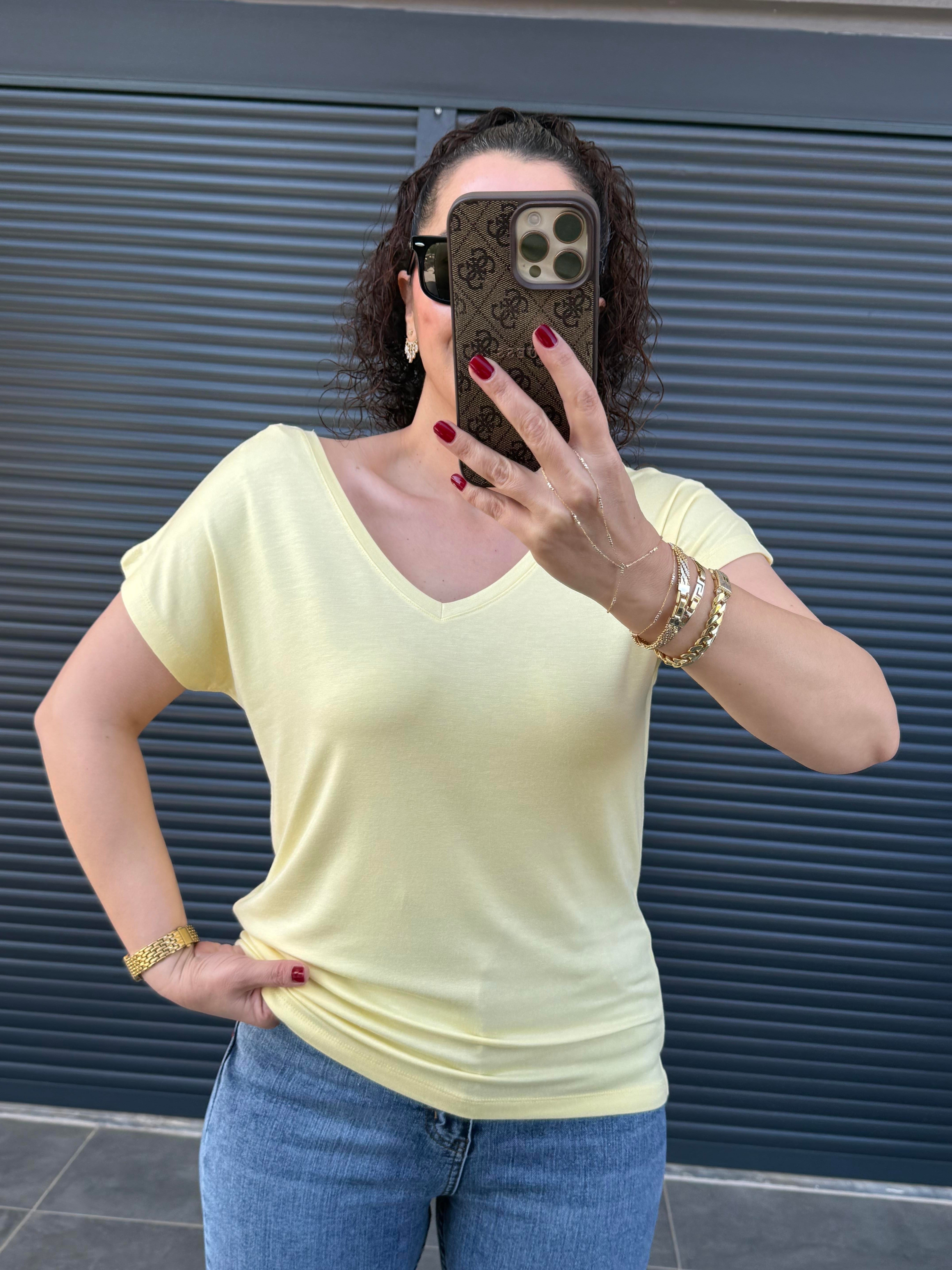 Modal Kumaş Ön Arka V Yaka T-Shirt Sarı