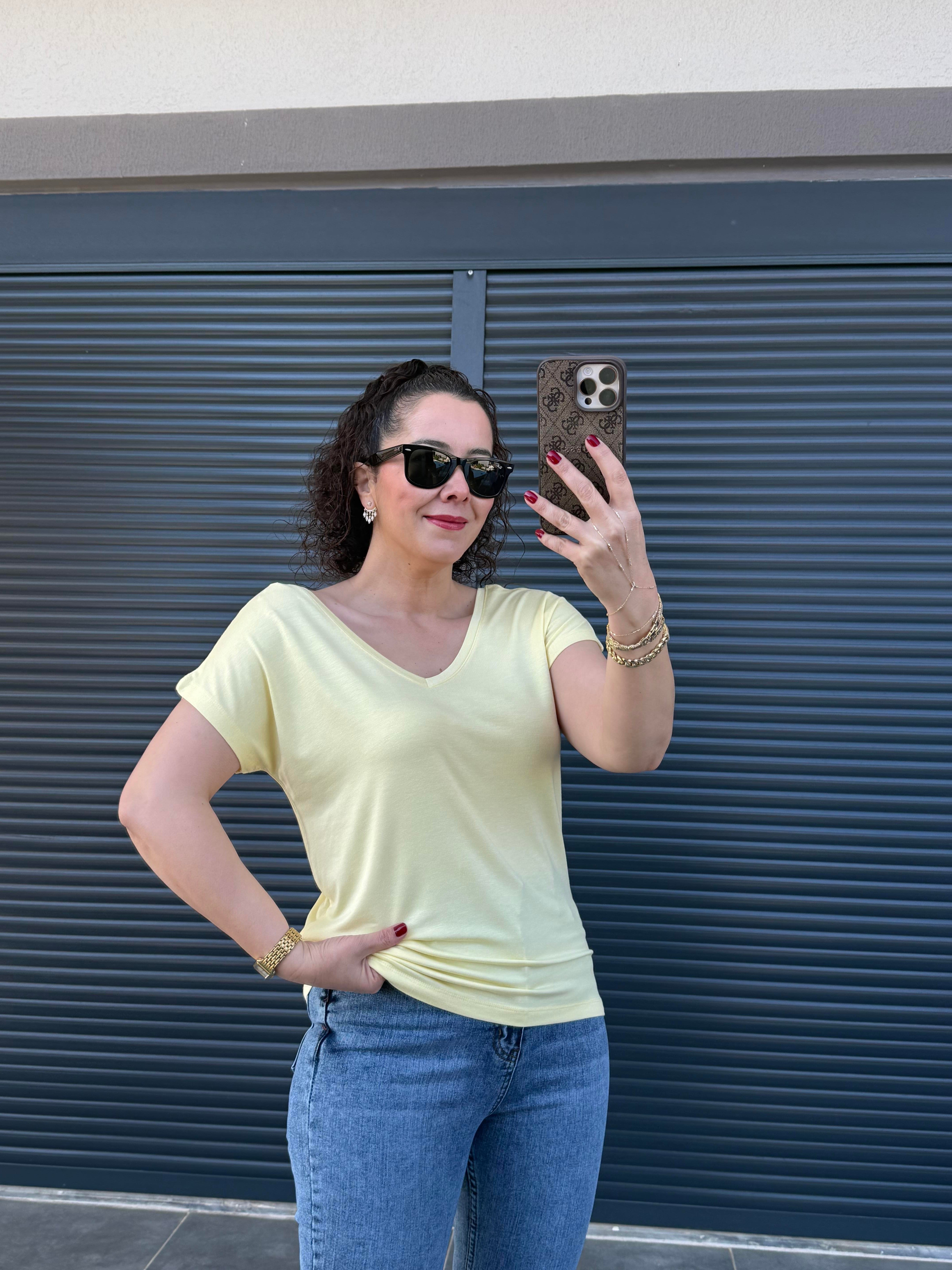 Modal Kumaş Ön Arka V Yaka T-Shirt Sarı