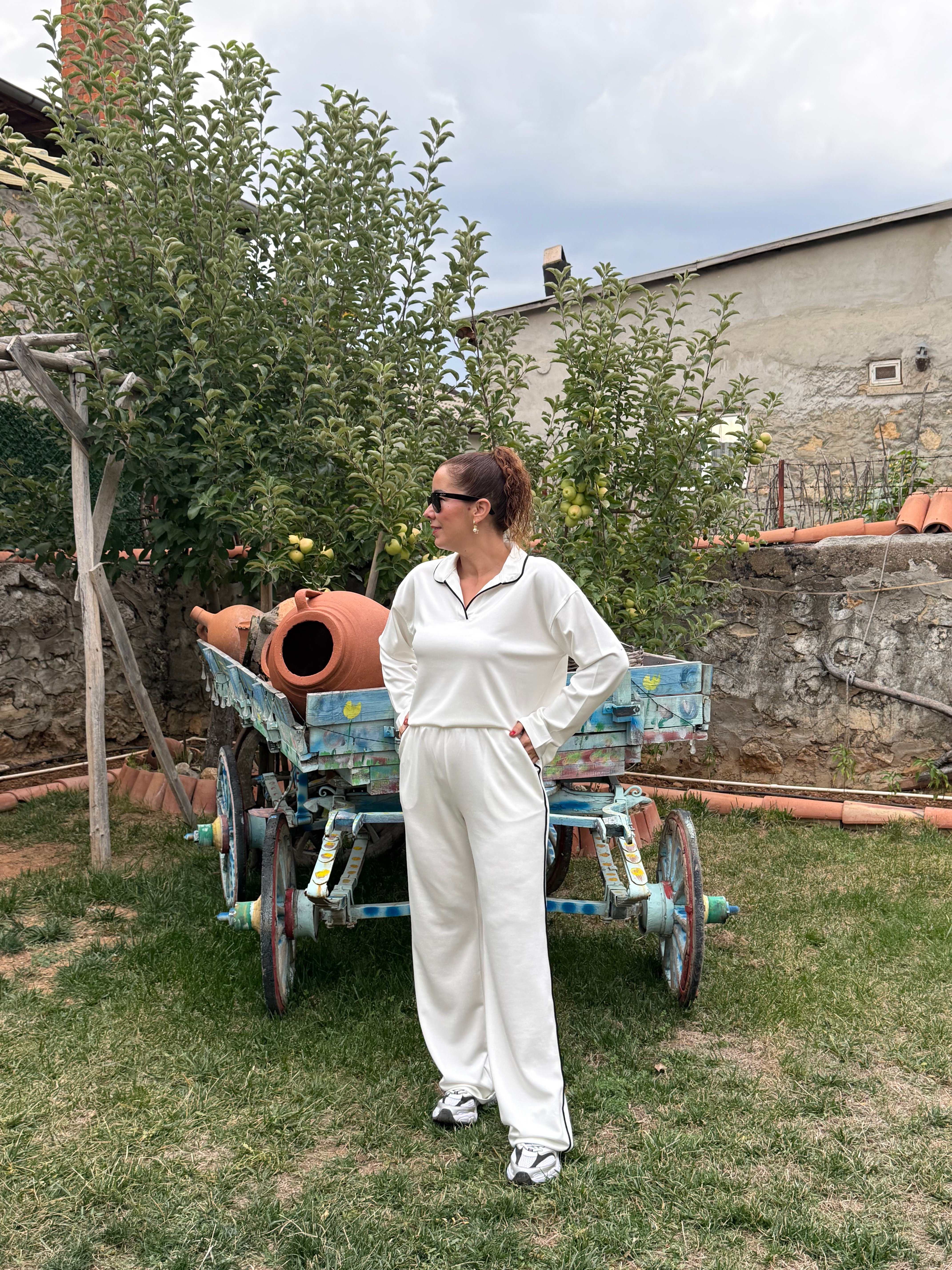 Modal Kumaş Polo Yaka Şeritli Takım Beyaz
