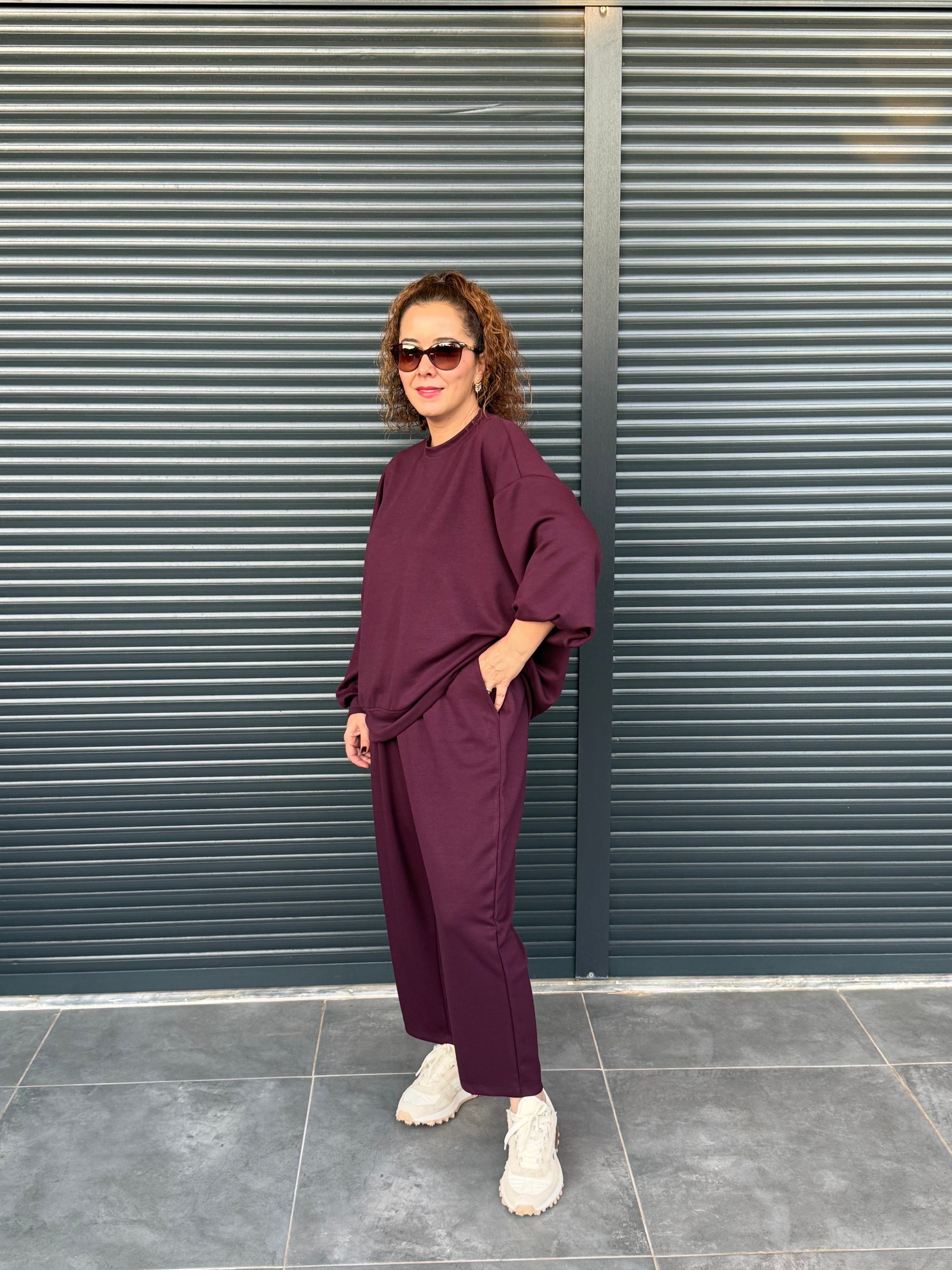 Modal Kumaş Şalvar Pantolonlu Takım Mürdüm