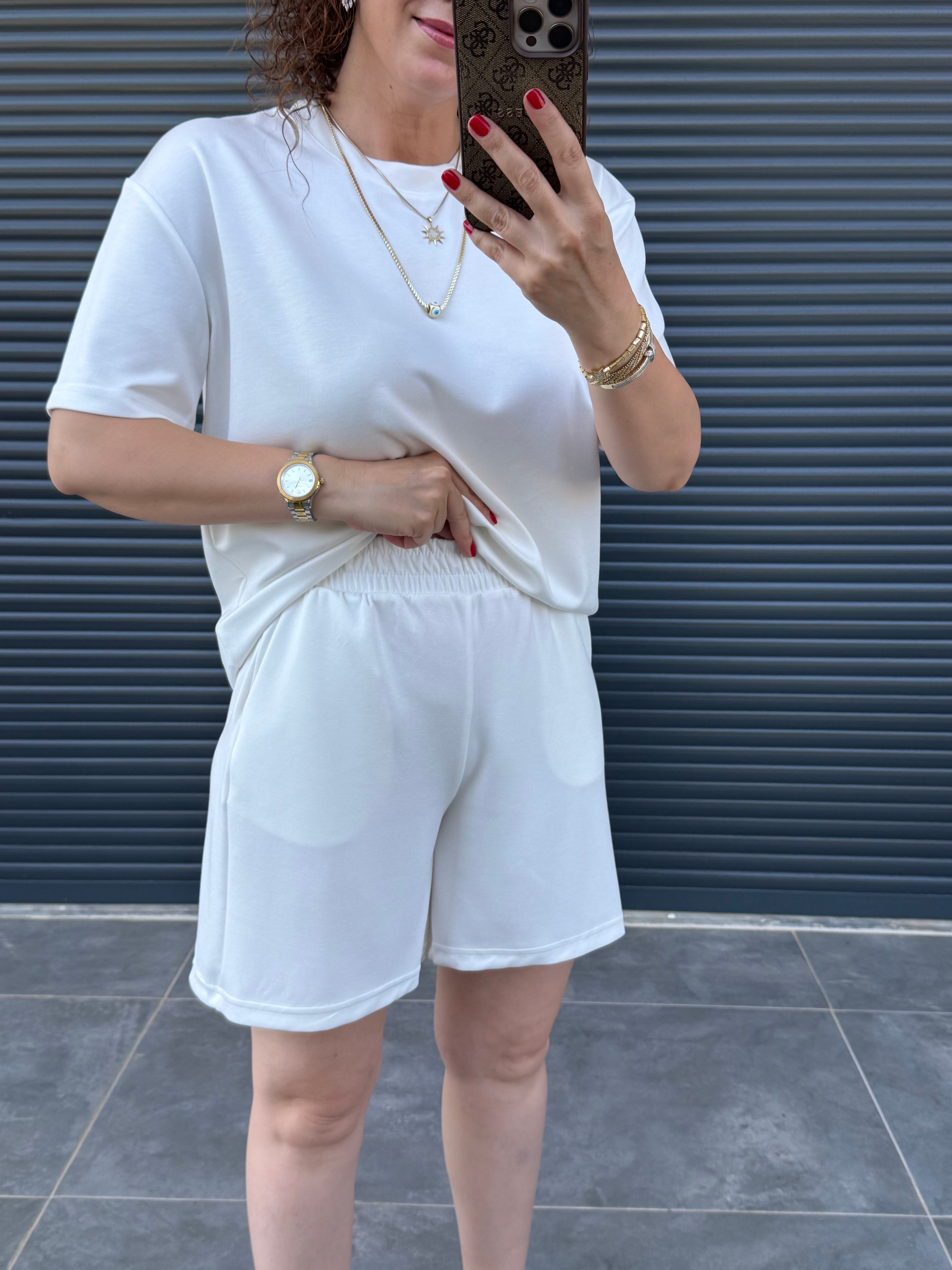 Modal Kumaş Şort T-shirt Takım Beyaz 
