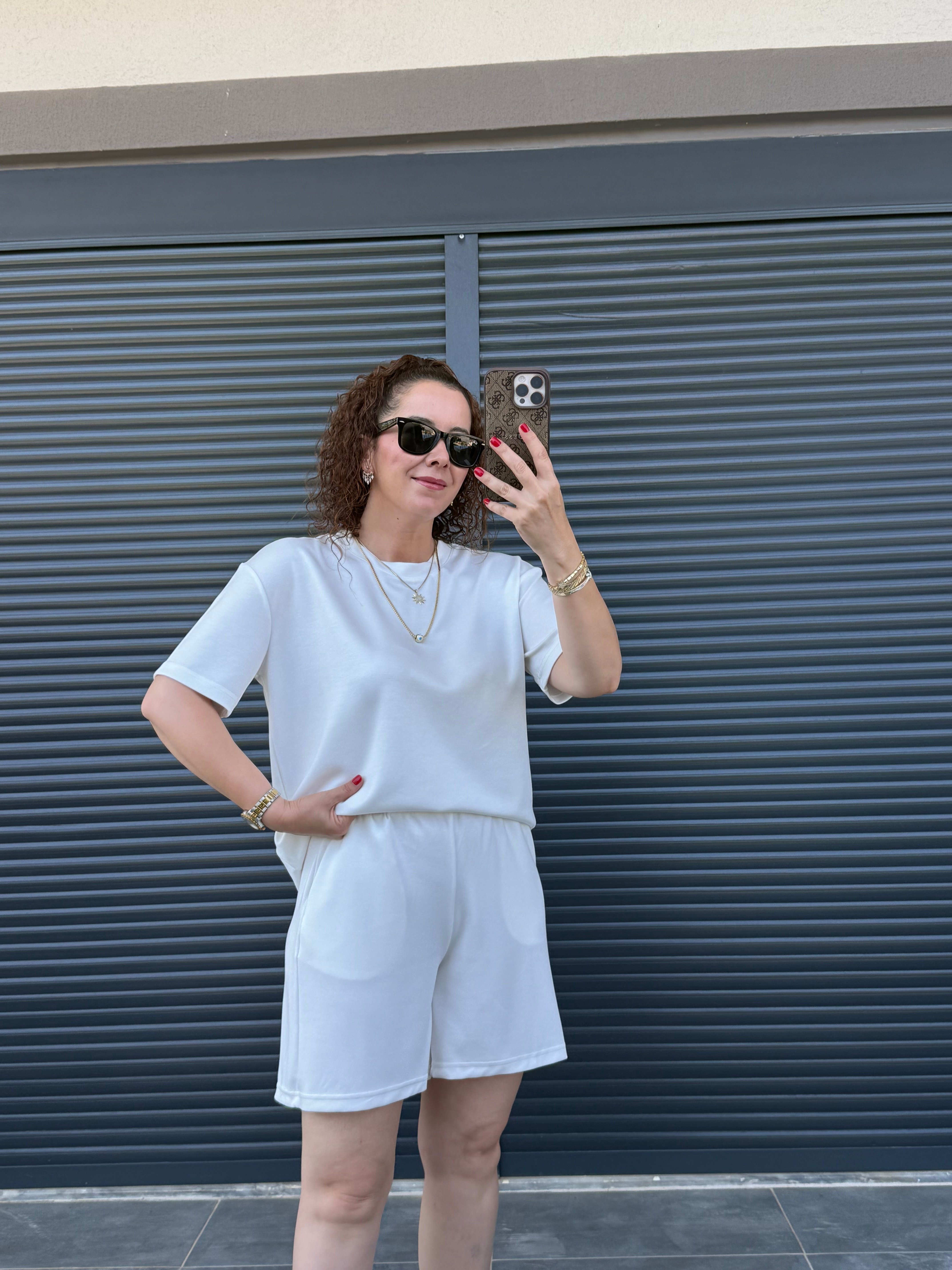 Modal Kumaş Şort T-shirt Takım Beyaz 