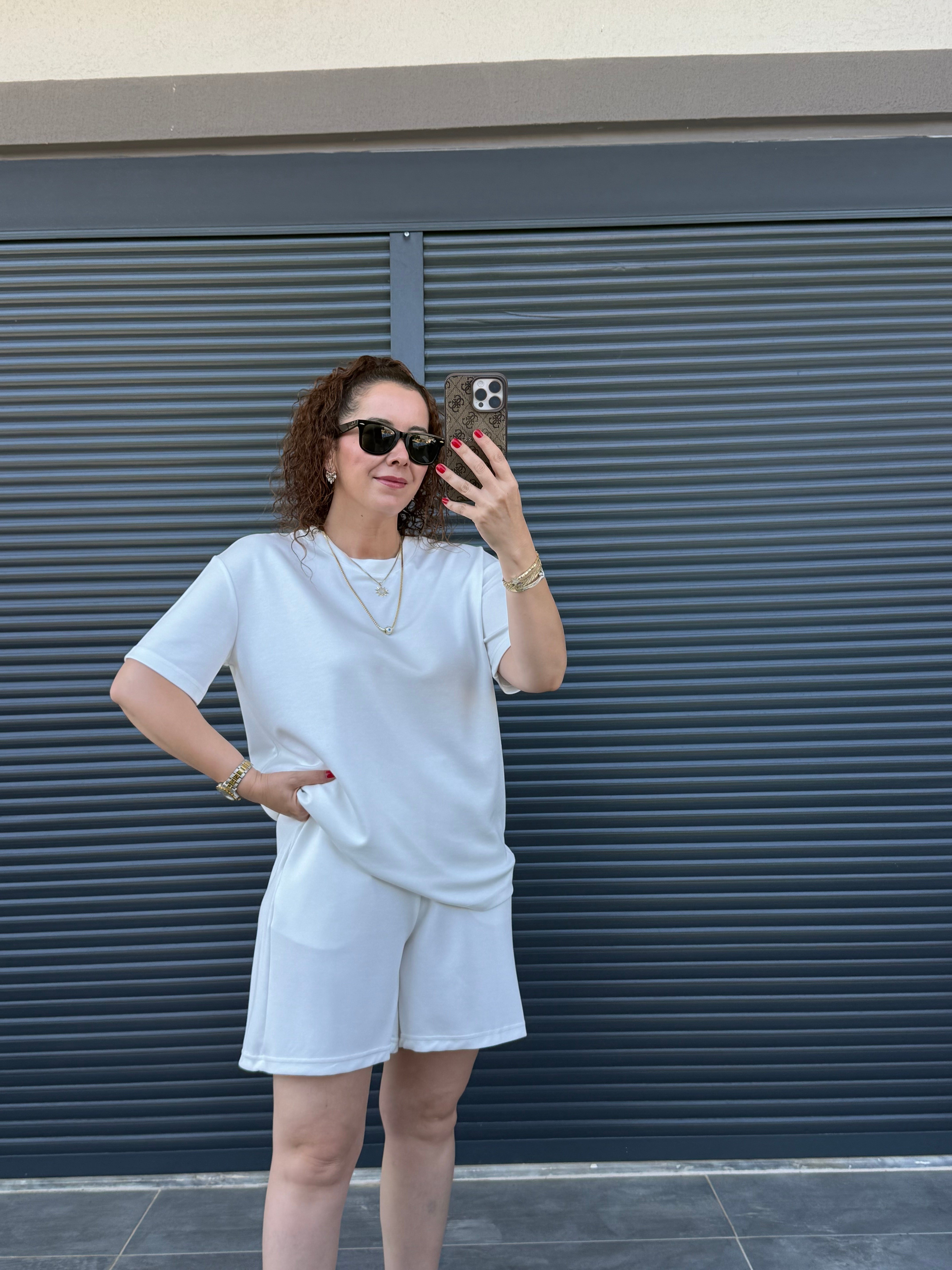 Modal Kumaş Şort T-shirt Takım Beyaz 