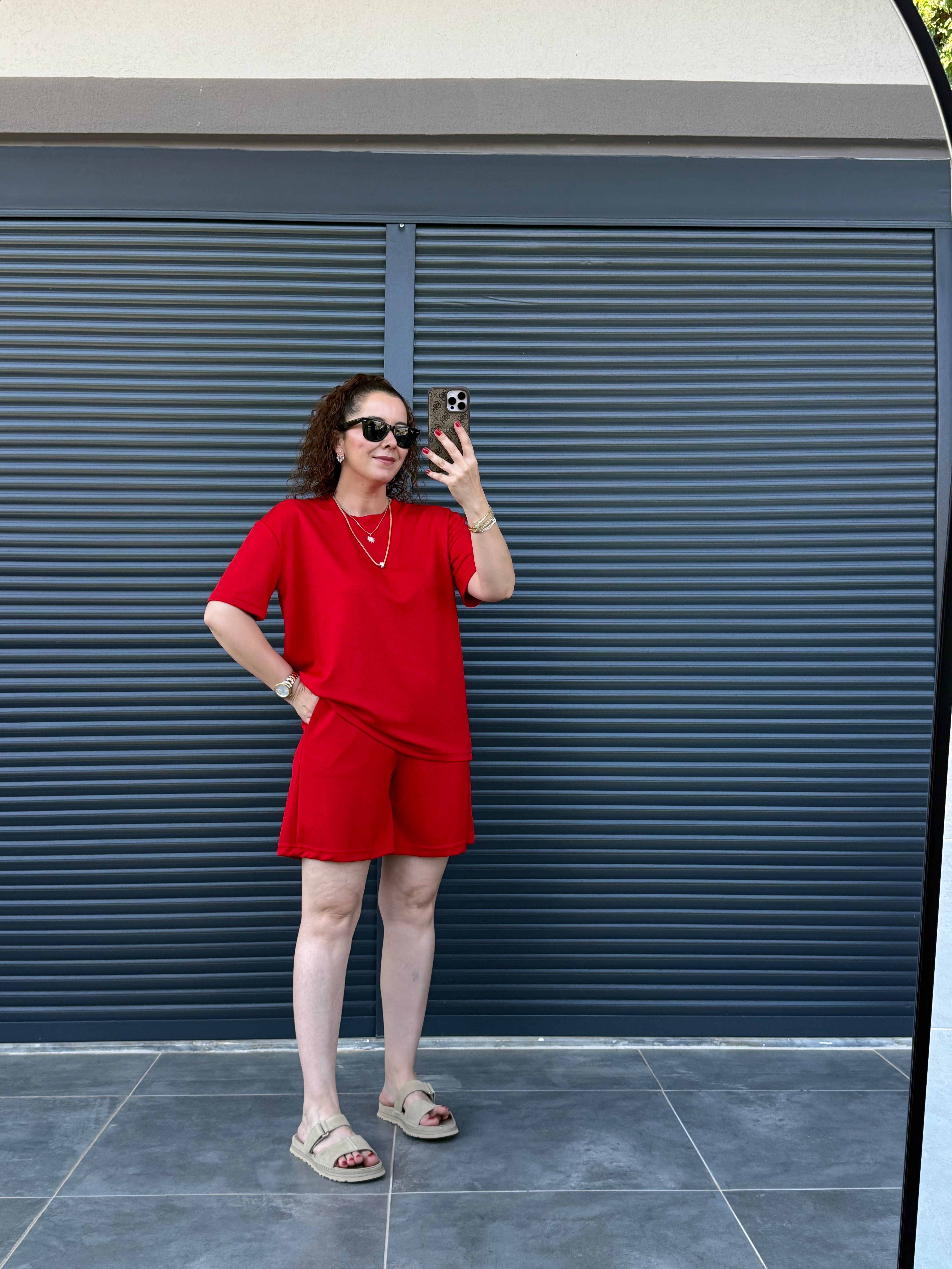 Modal Kumaş Şort T-shirt Takım  Kırmızı