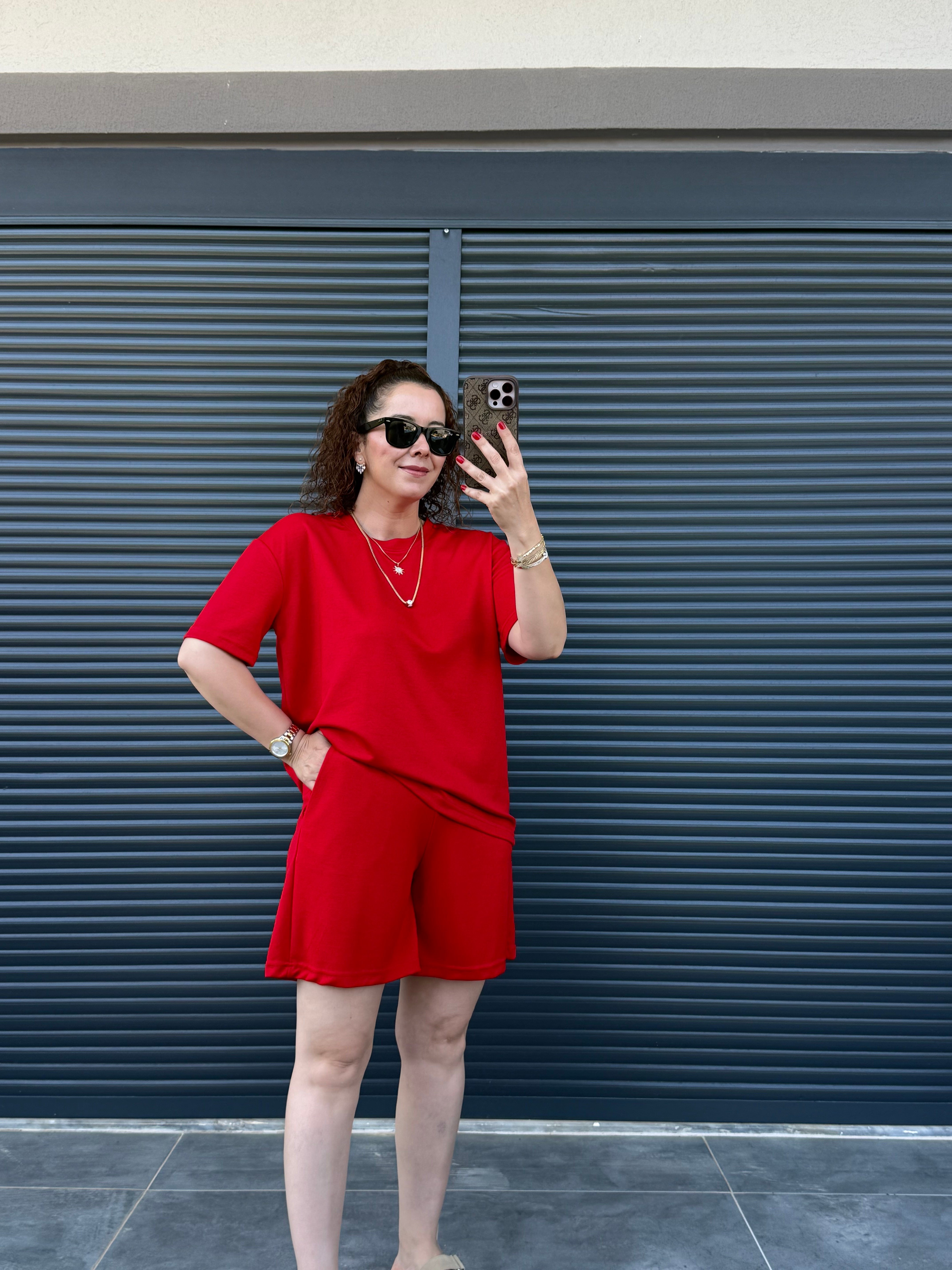 Modal Kumaş Şort T-shirt Takım  Kırmızı