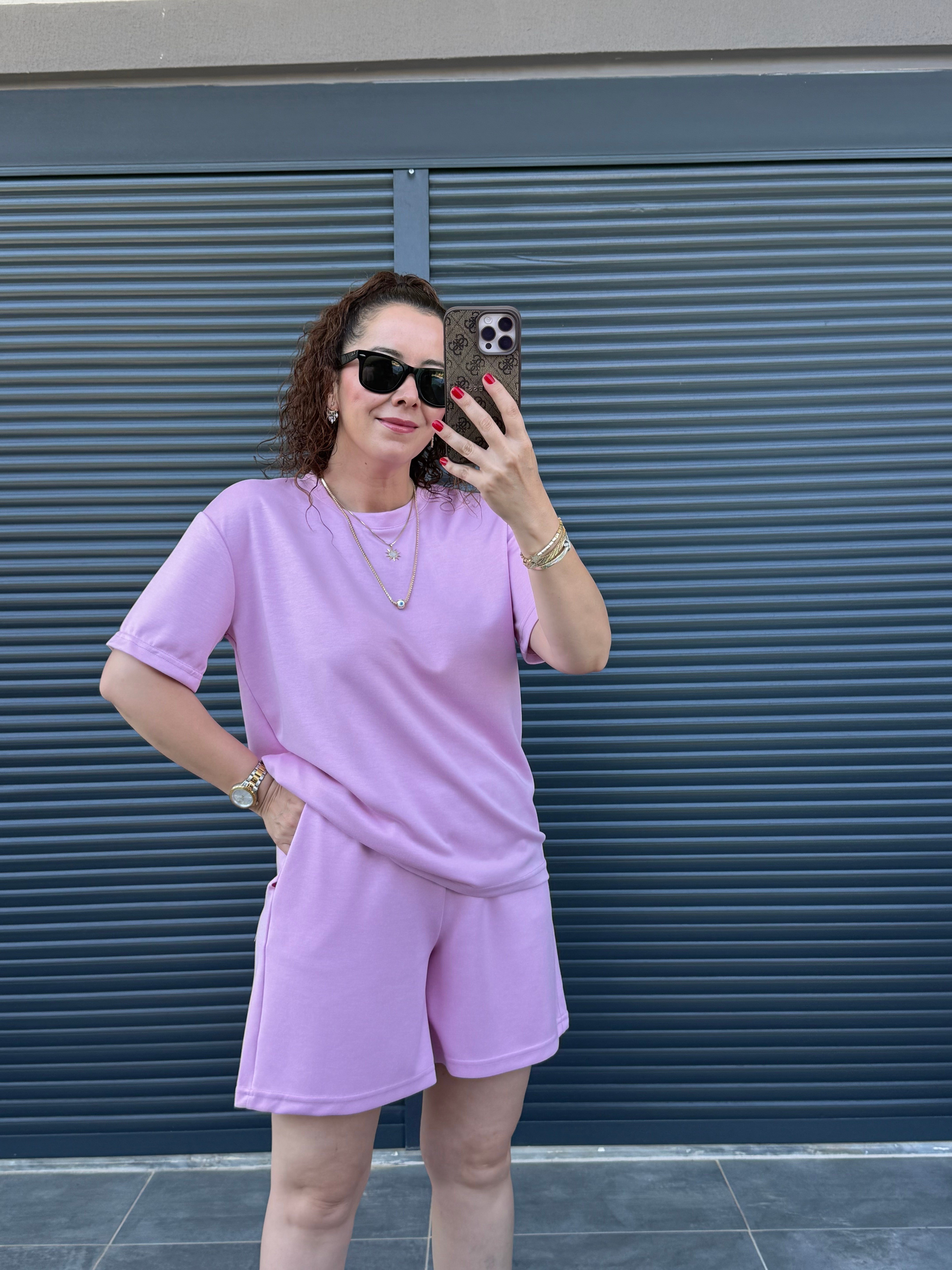 Modal Kumaş Şort T-shirt Takım Pembe
