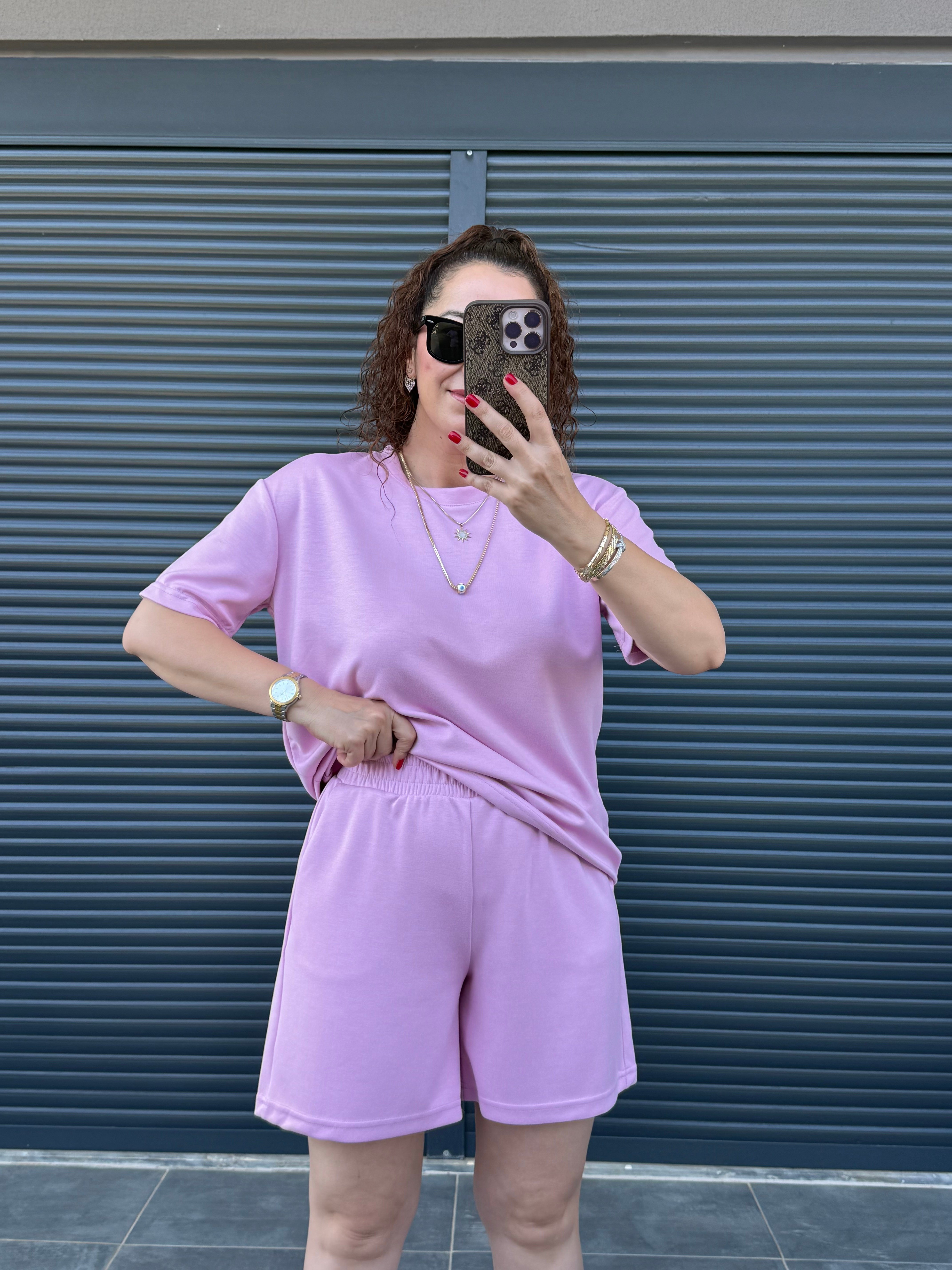 Modal Kumaş Şort T-shirt Takım Pembe