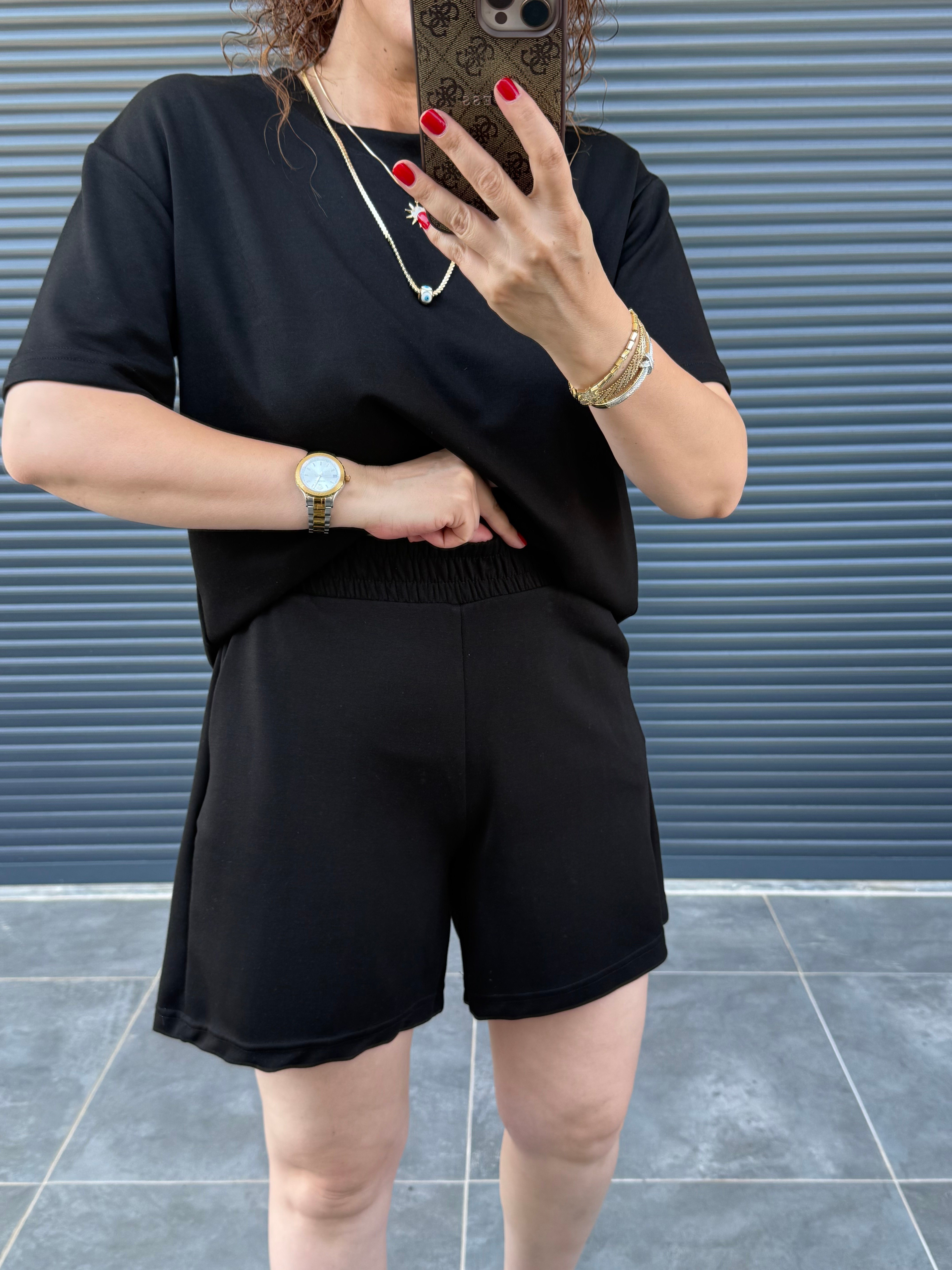 Modal Kumaş Şort T-shirt Takım  Siyah