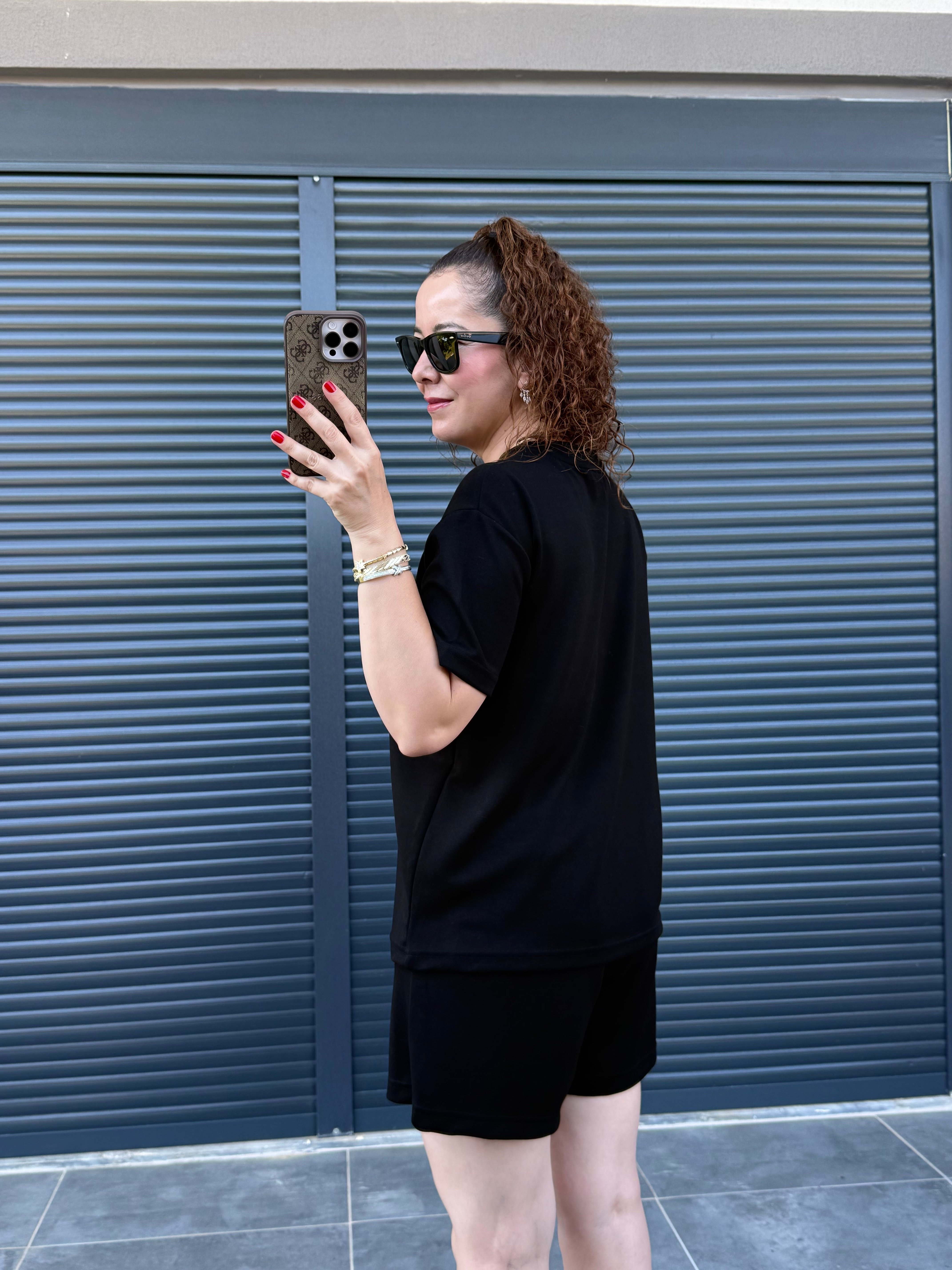 Modal Kumaş Şort T-shirt Takım  Siyah