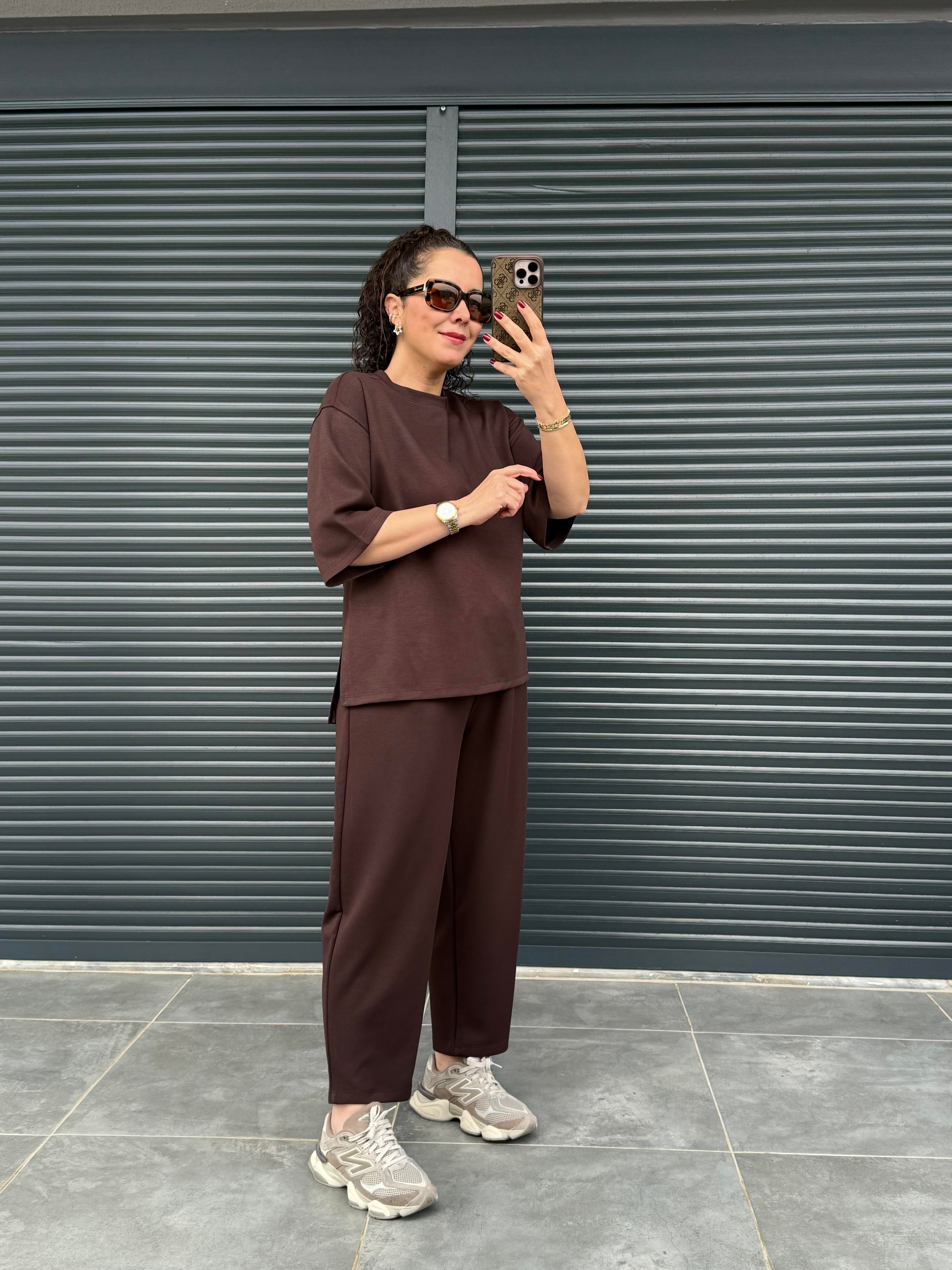 Modal Kumaş T-shirt Pantolon Takım Acı Kahve