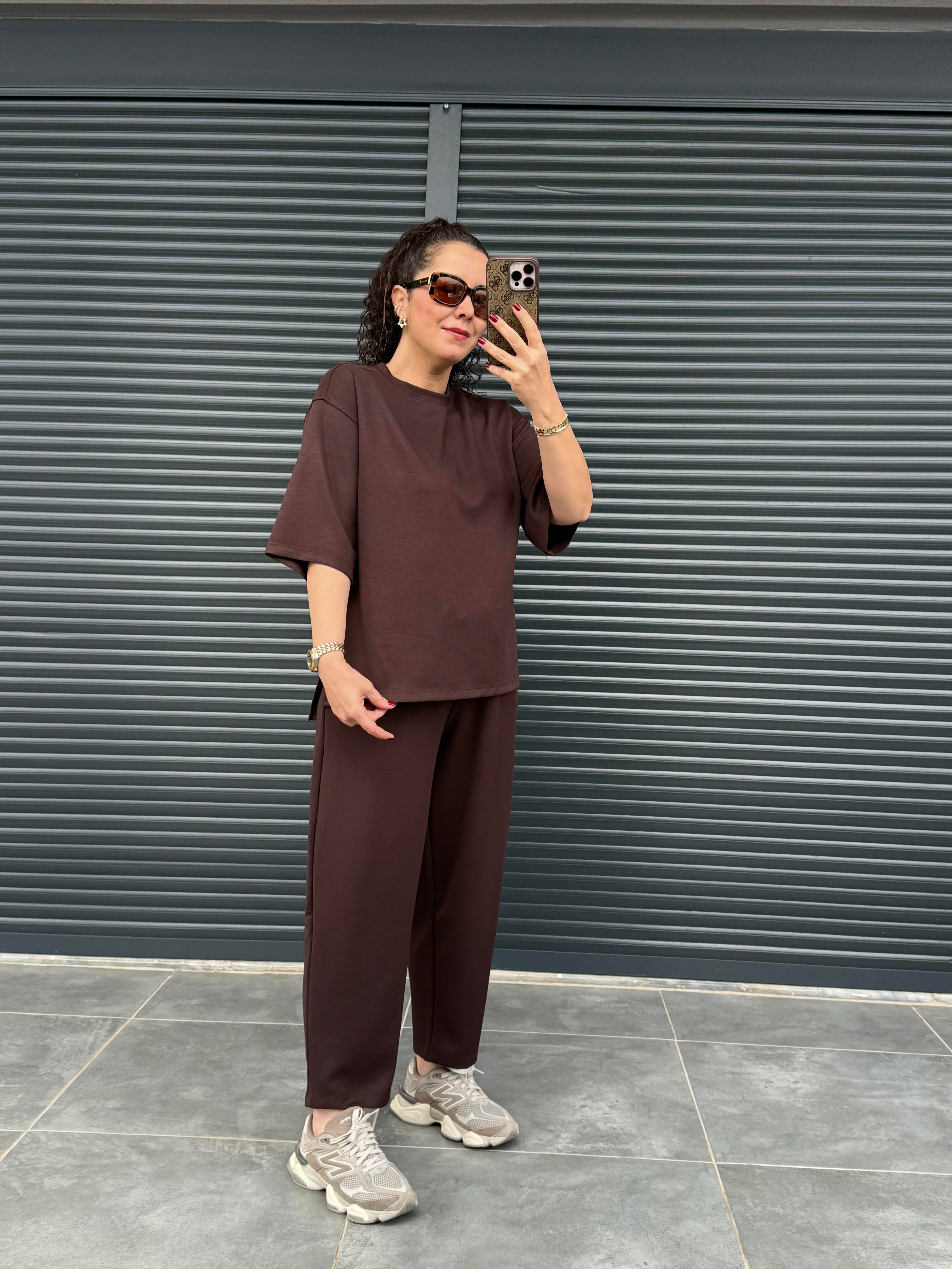 Modal Kumaş T-shirt Pantolon Takım Acı Kahve