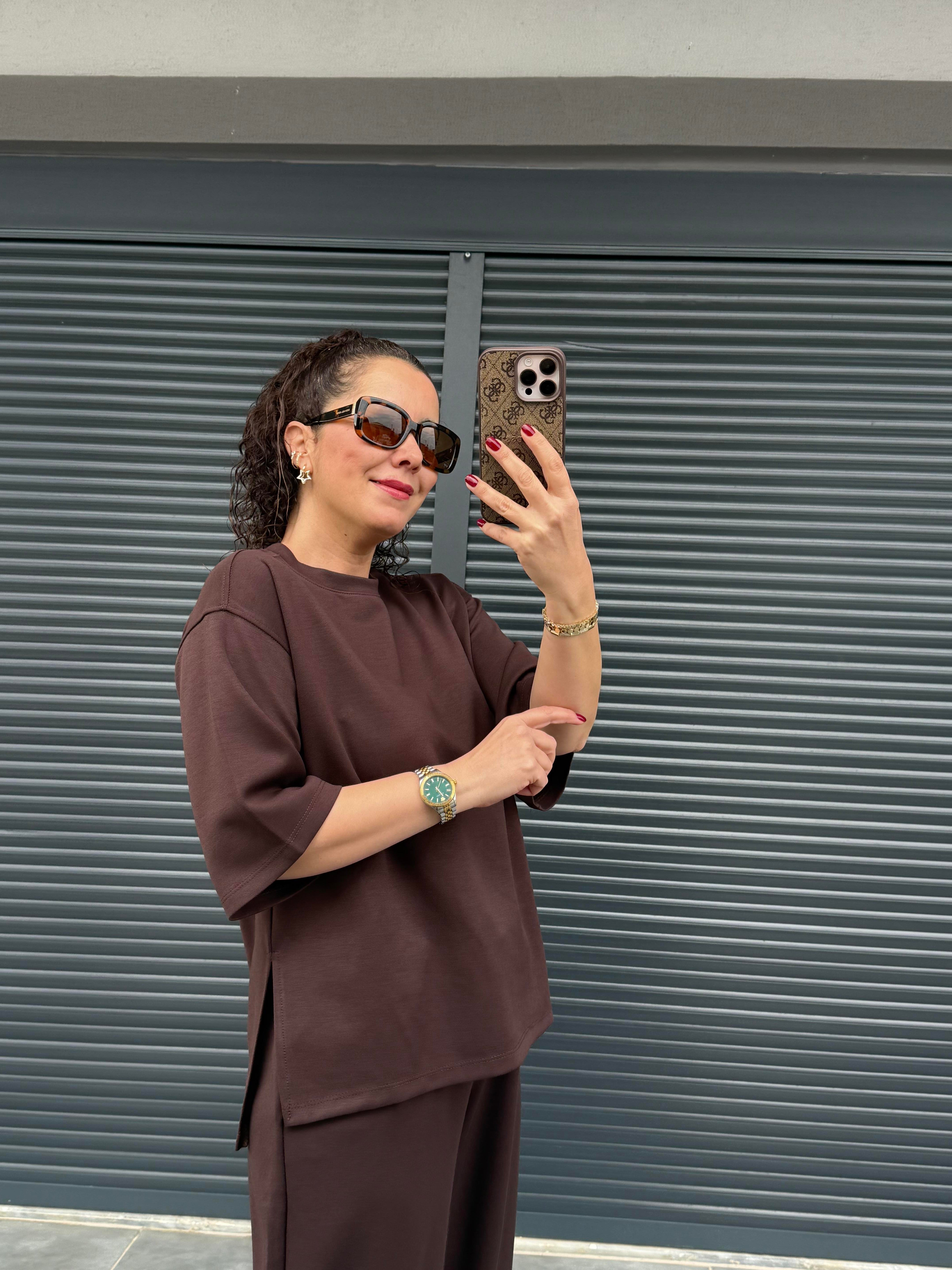 Modal Kumaş T-shirt Pantolon Takım Acı Kahve