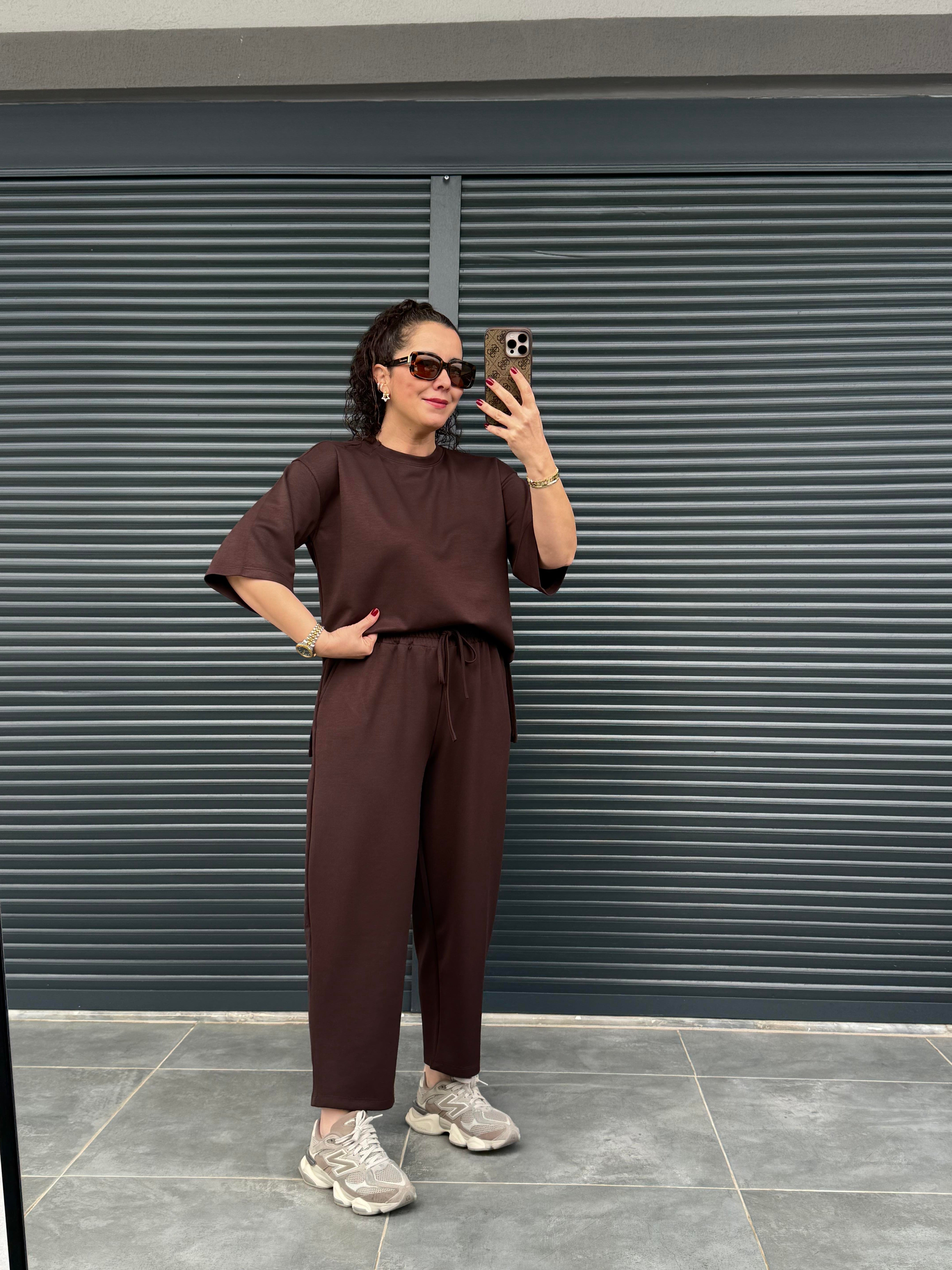 Modal Kumaş T-shirt Pantolon Takım Acı Kahve