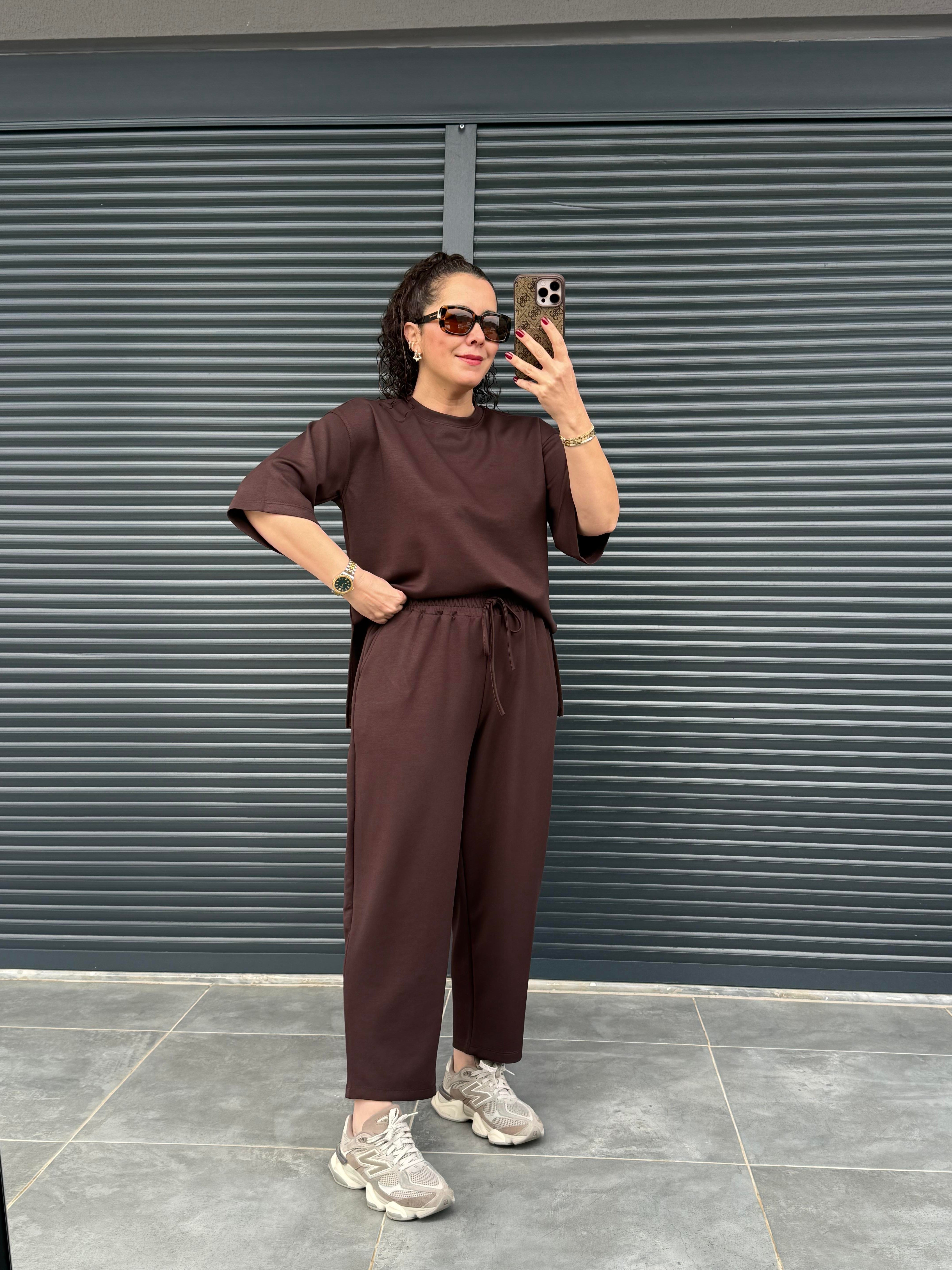 Modal Kumaş T-shirt Pantolon Takım Acı Kahve