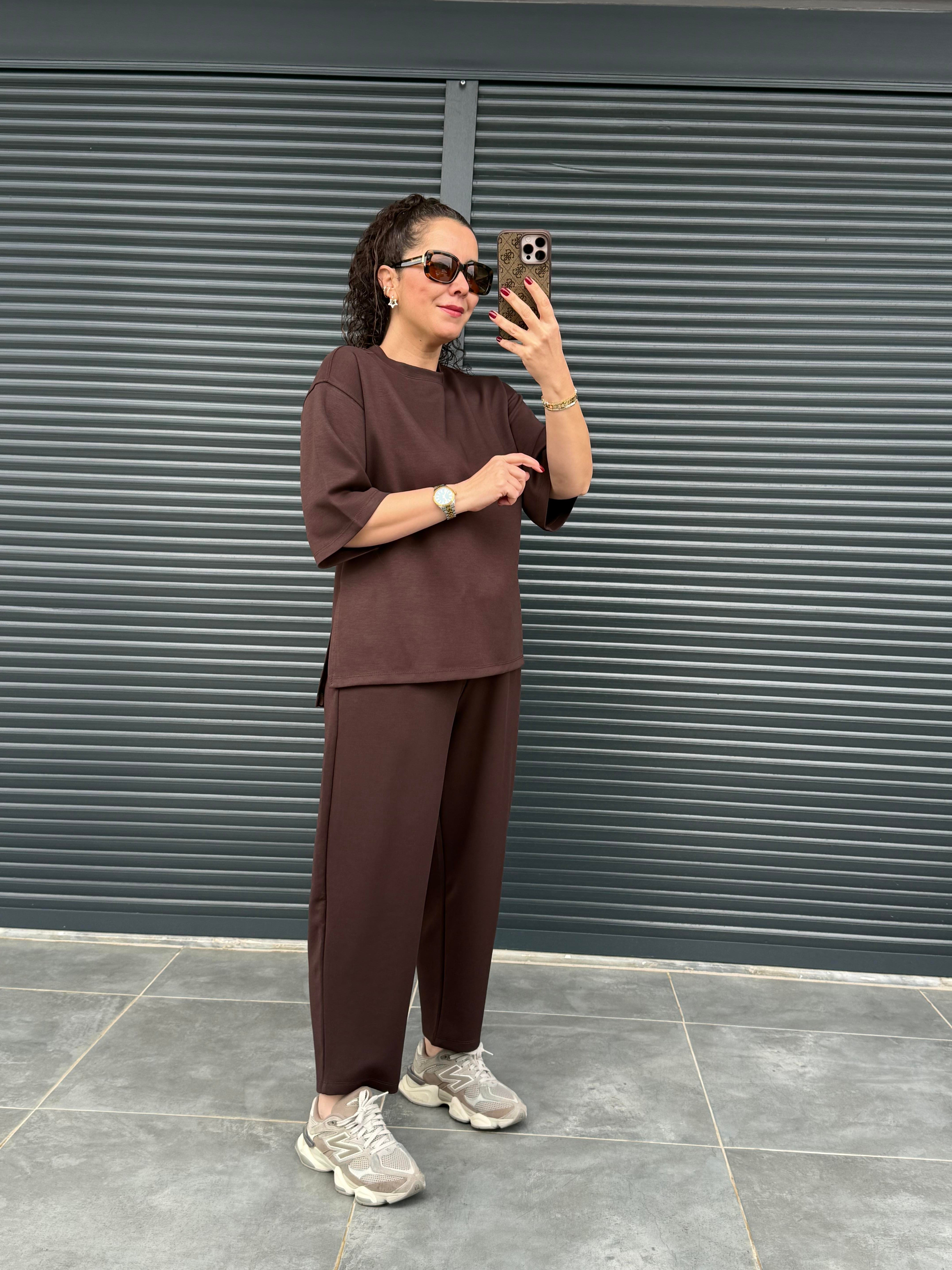 Modal Kumaş T-shirt Pantolon Takım Acı Kahve