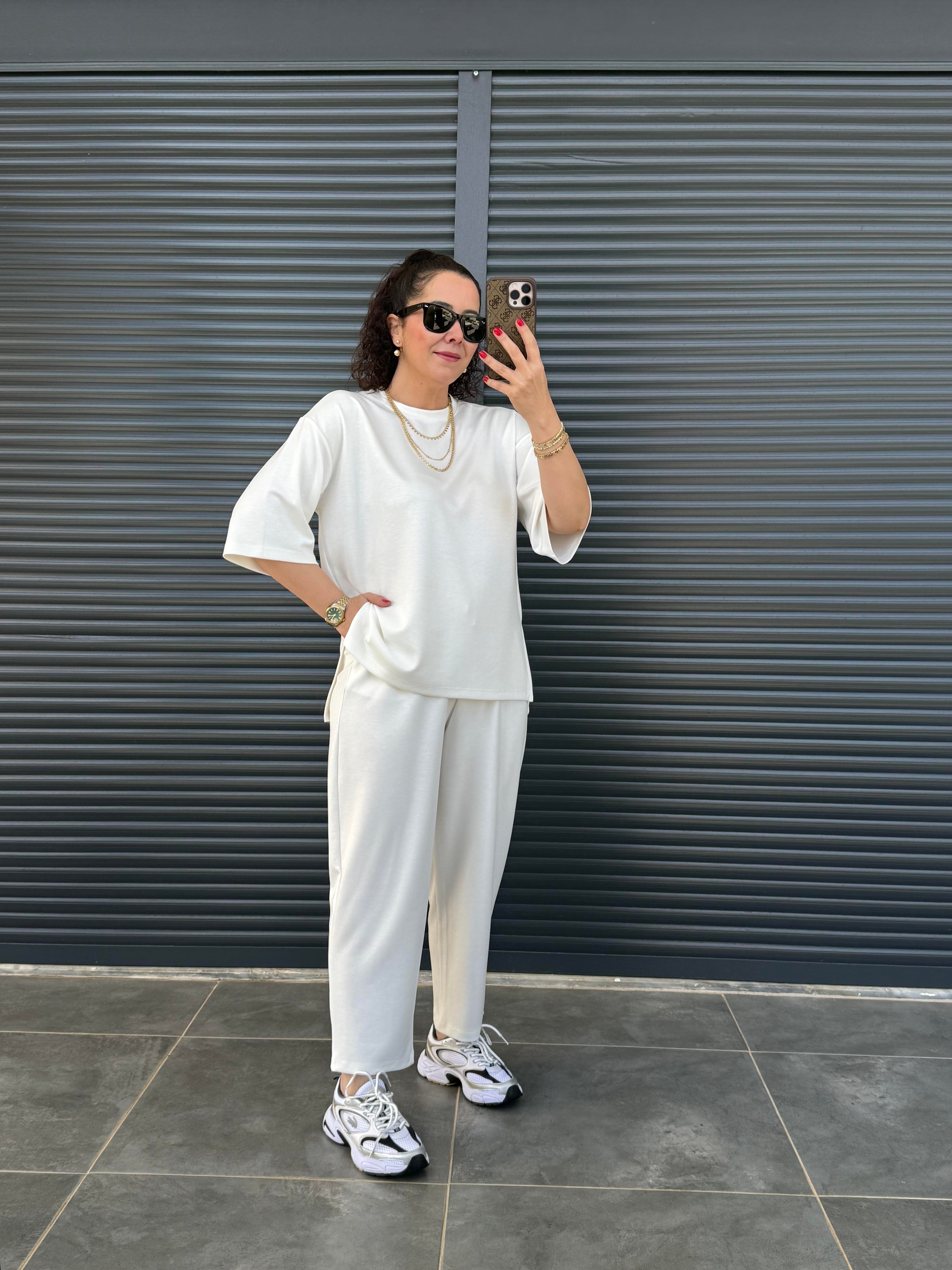 Modal Kumaş T-shirt Pantolon Takım  Ekru