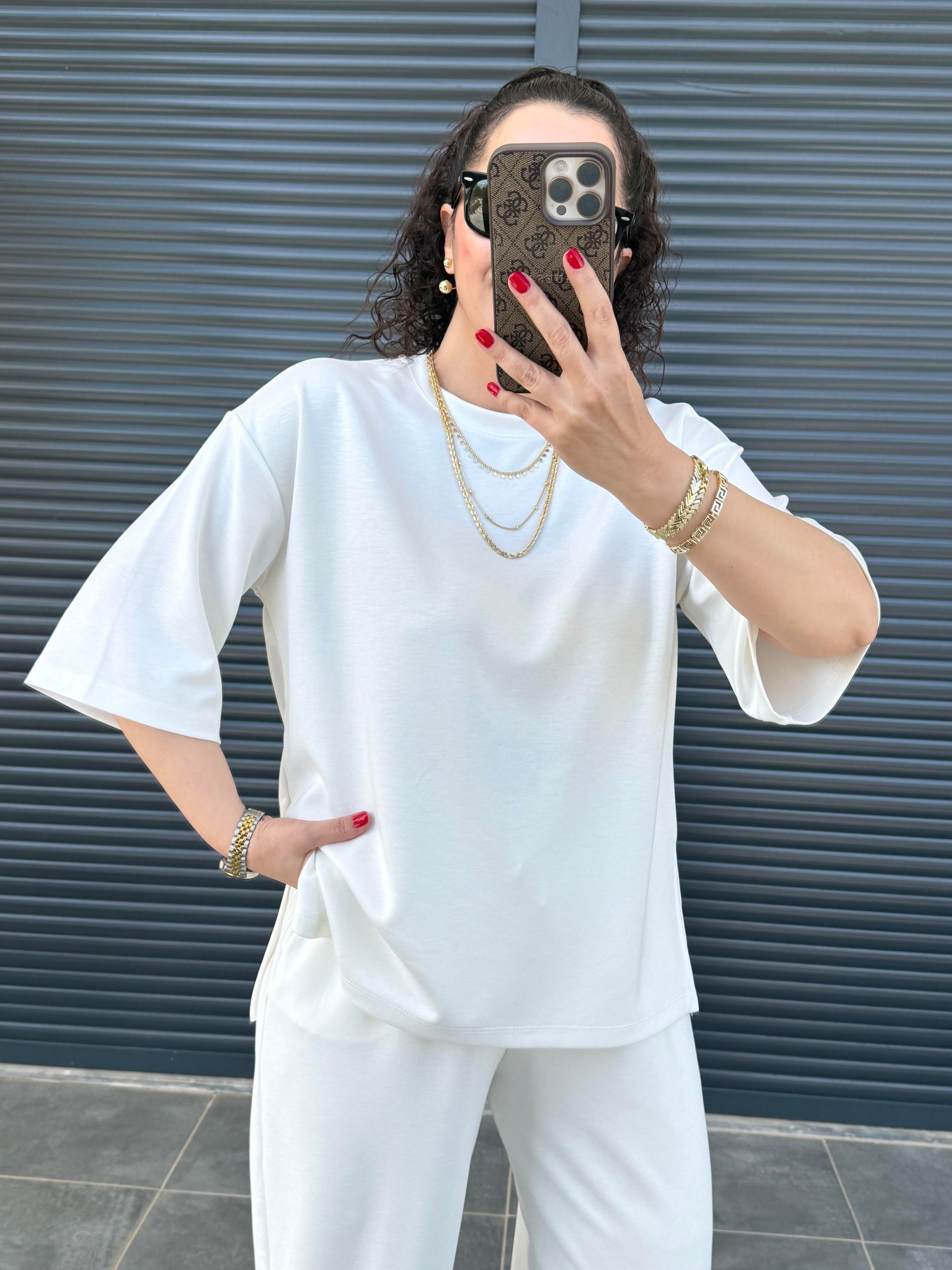 Modal Kumaş T-shirt Pantolon Takım  Ekru