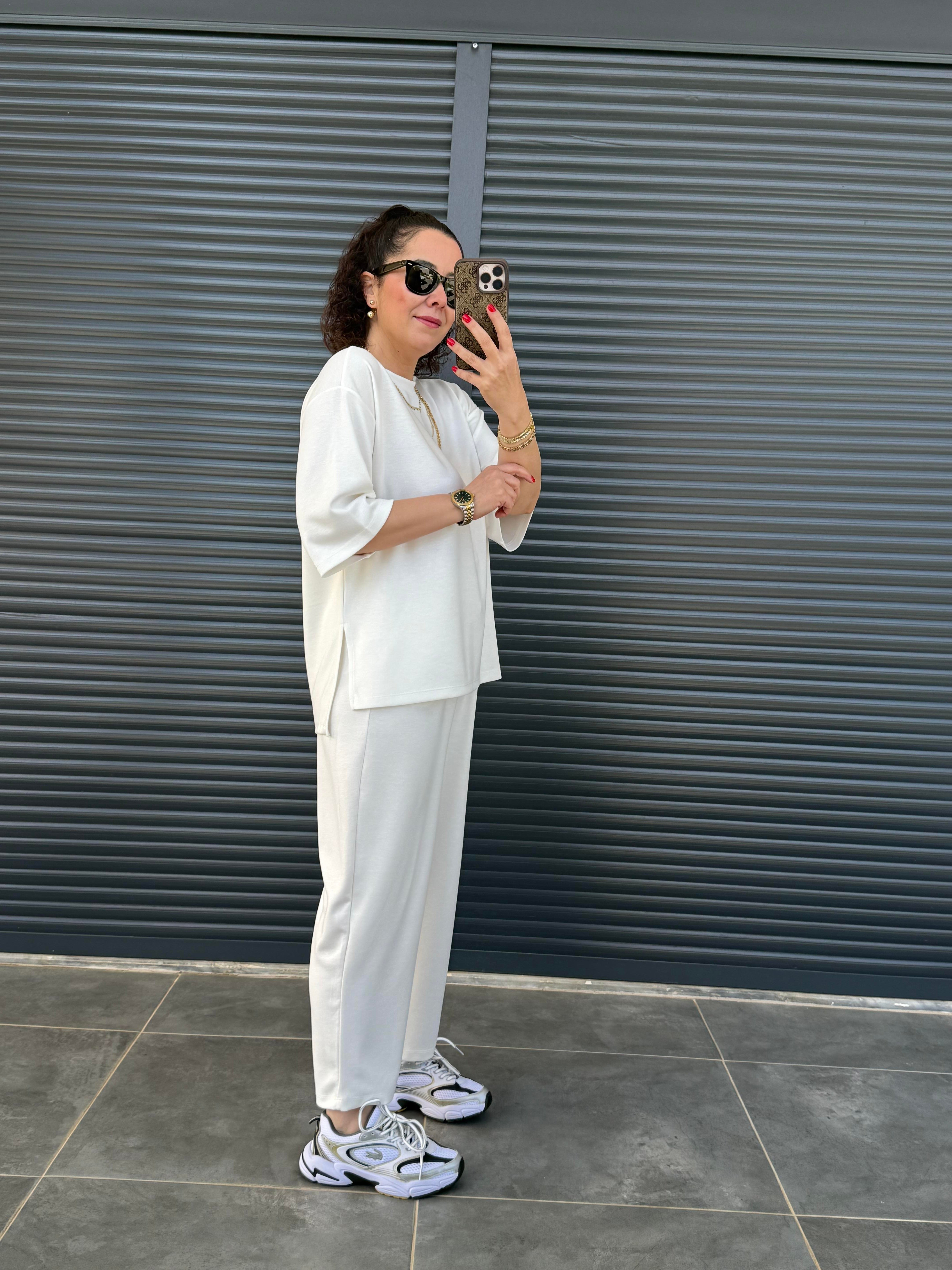 Modal Kumaş T-shirt Pantolon Takım  Ekru