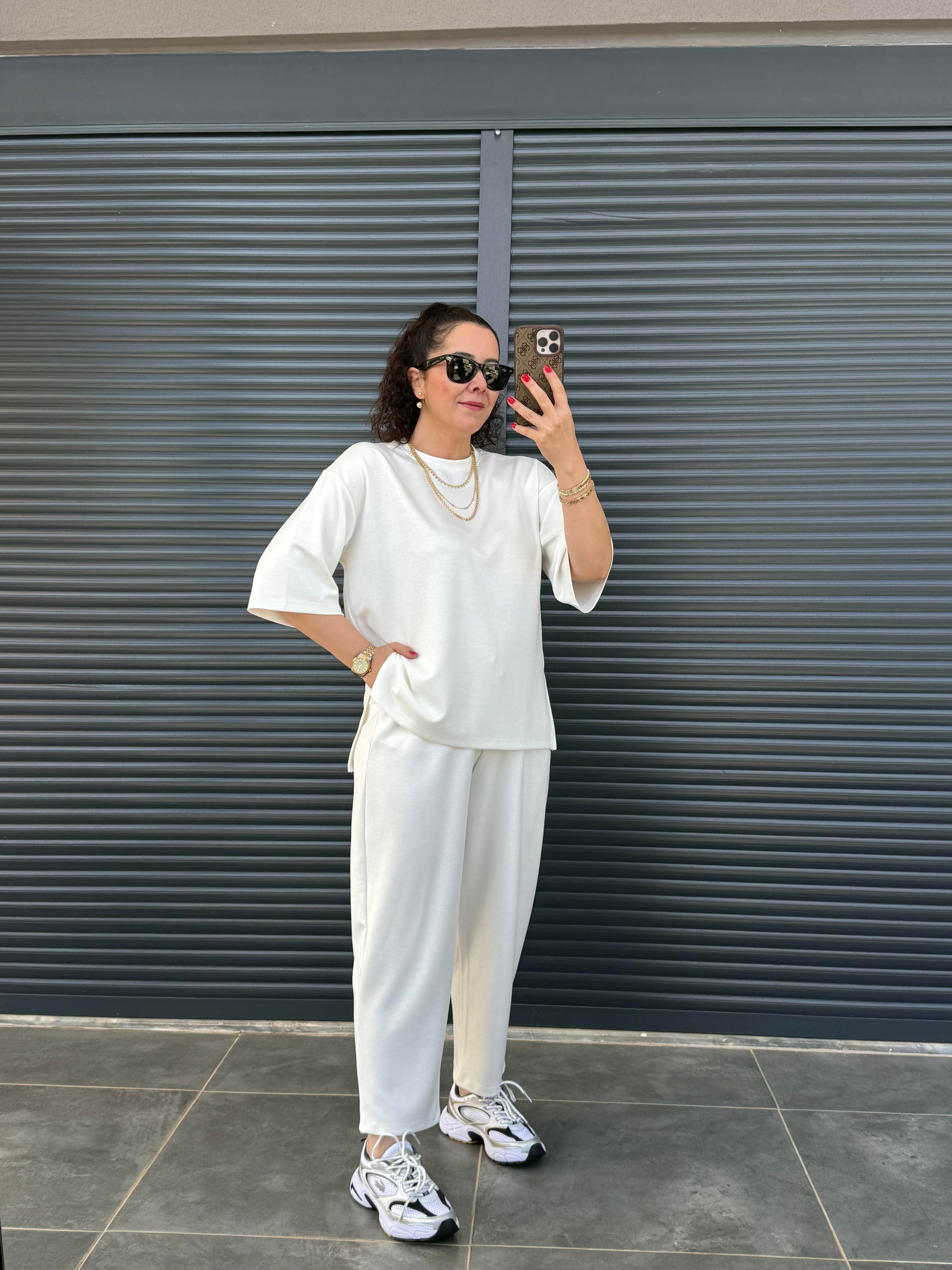 Modal Kumaş T-shirt Pantolon Takım  Ekru