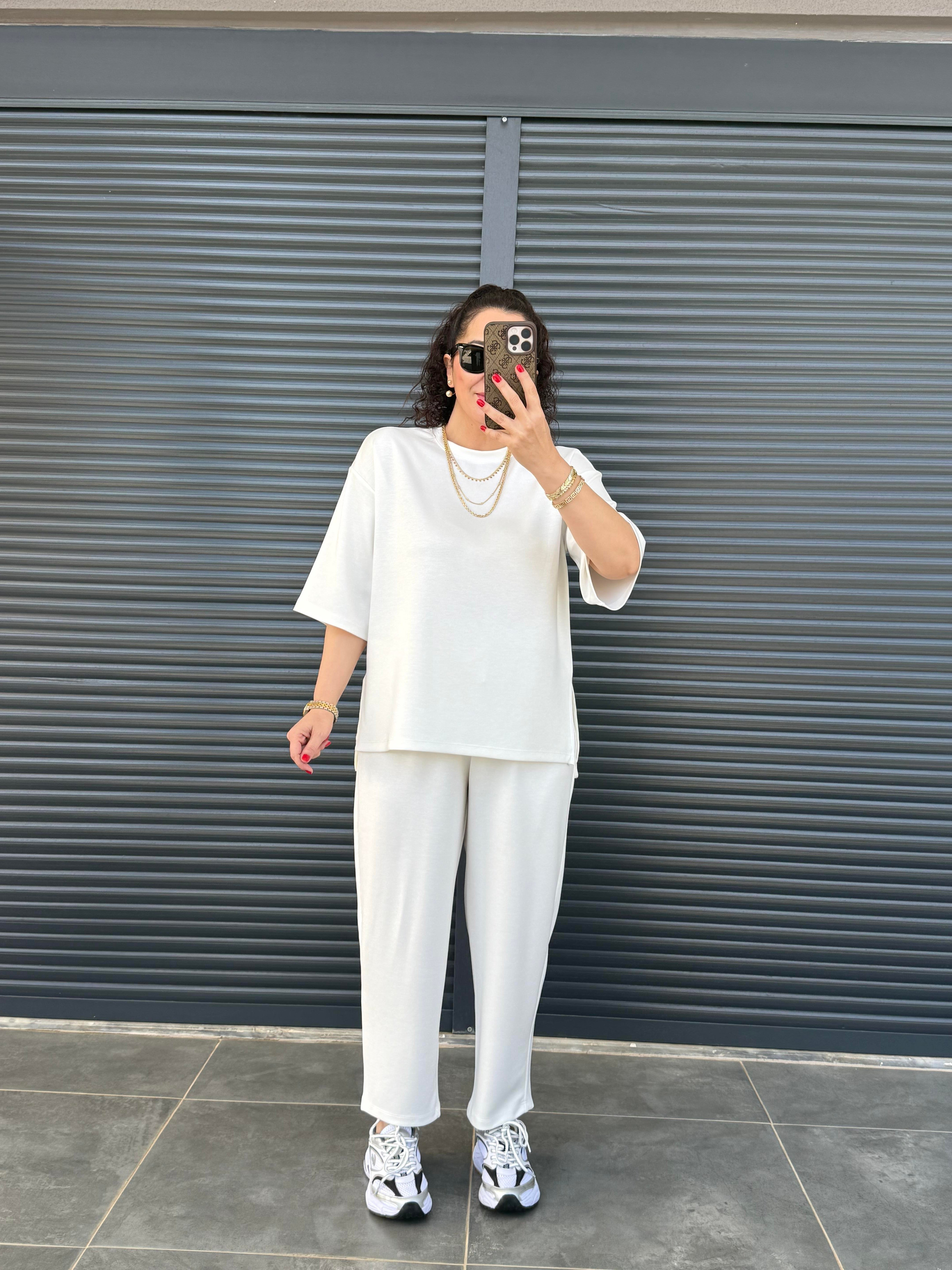 Modal Kumaş T-shirt Pantolon Takım  Ekru