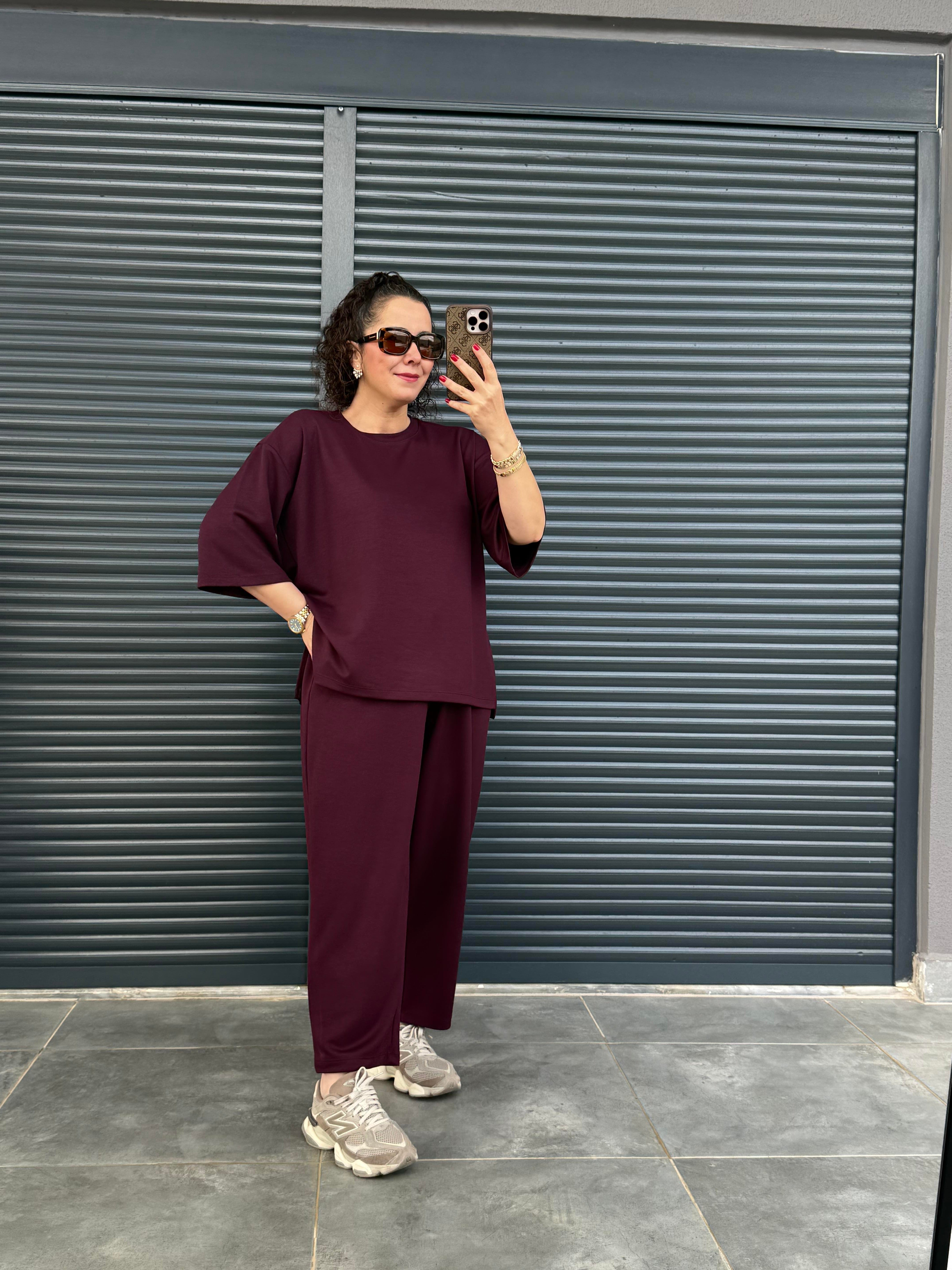 Modal Kumaş T-shirt Pantolon Takım  Mürdüm