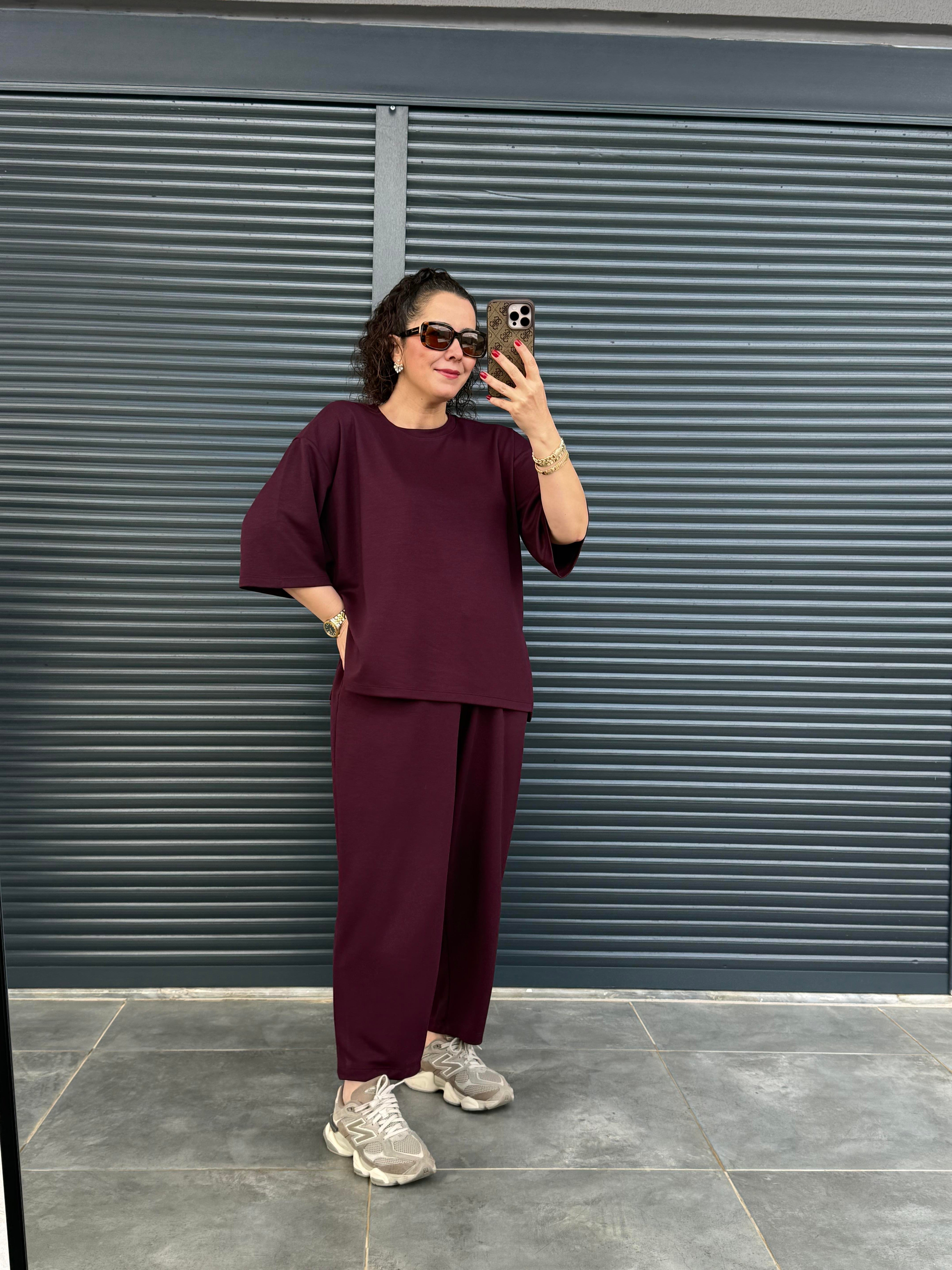 Modal Kumaş T-shirt Pantolon Takım  Mürdüm