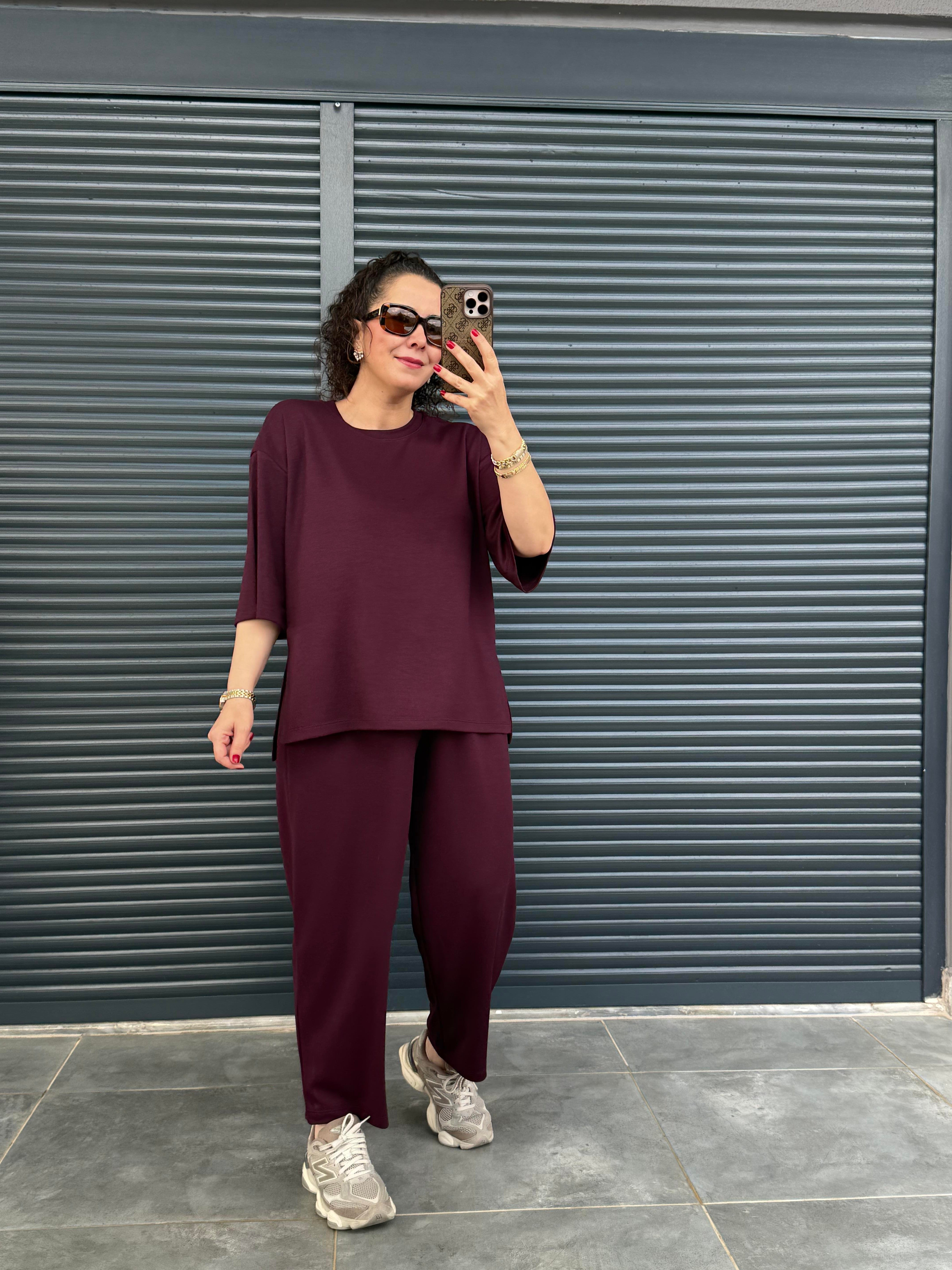 Modal Kumaş T-shirt Pantolon Takım  Mürdüm