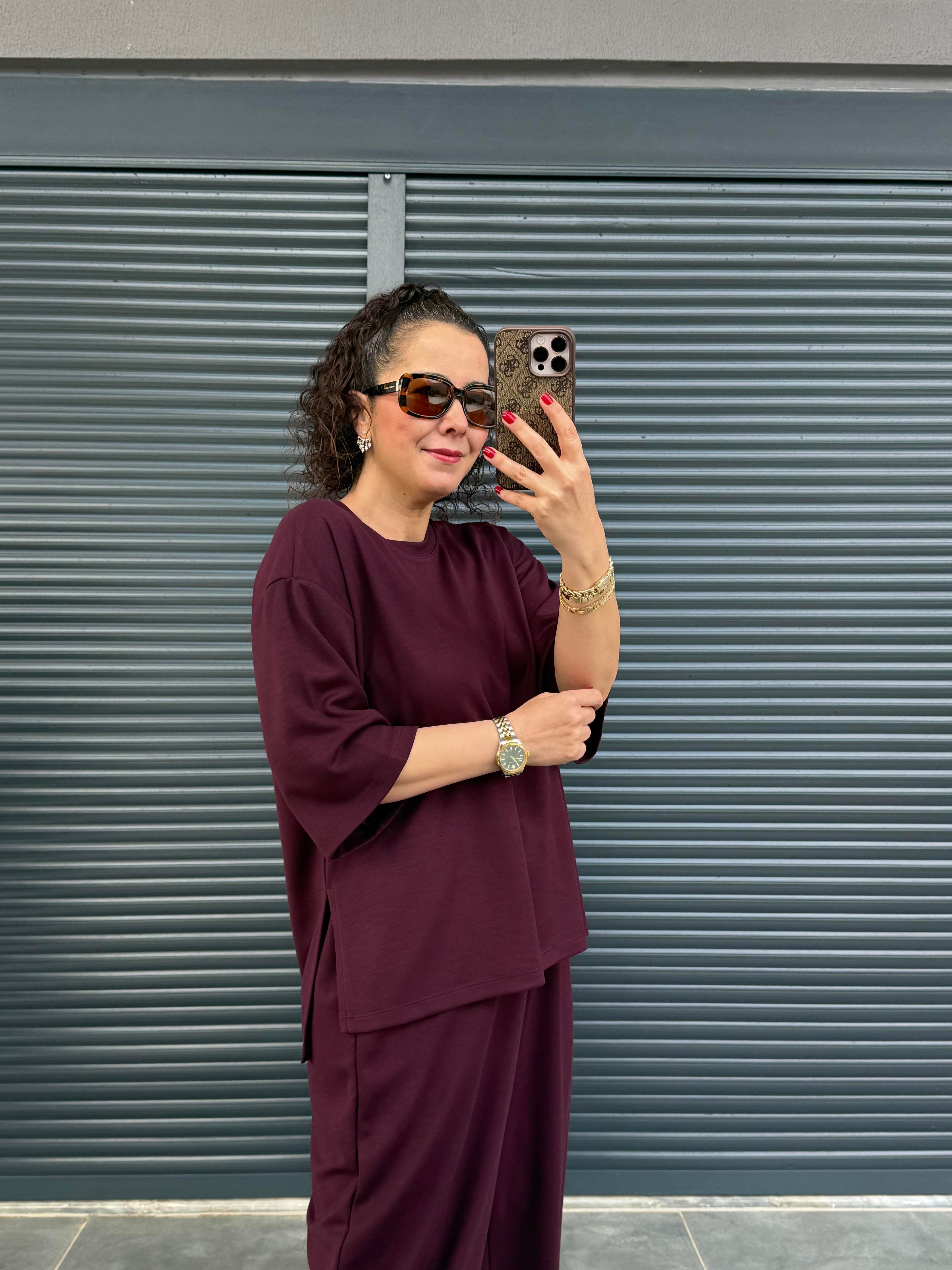 Modal Kumaş T-shirt Pantolon Takım  Mürdüm