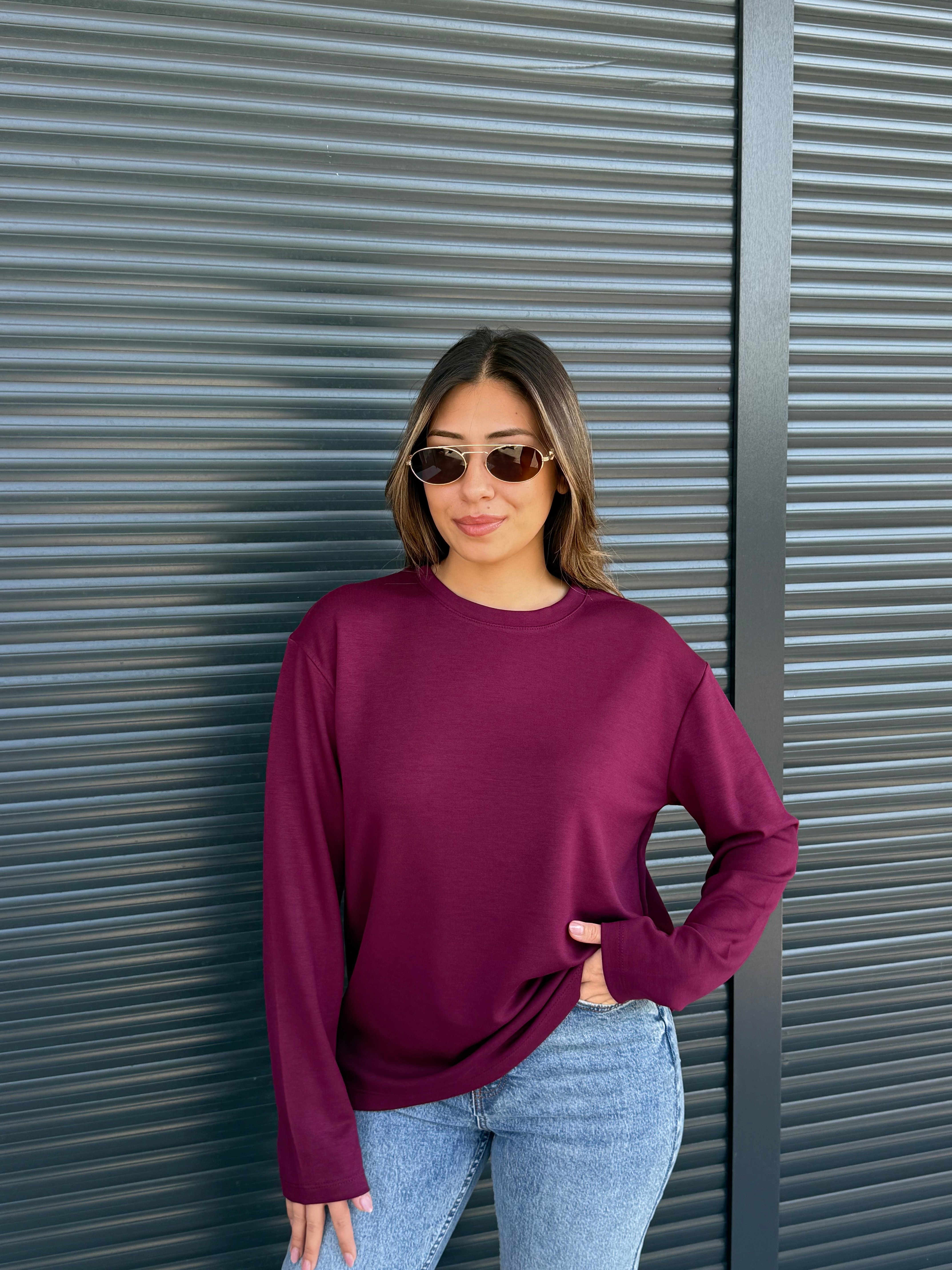 Modal Kumaş Uzun Kollu Basic Bordo