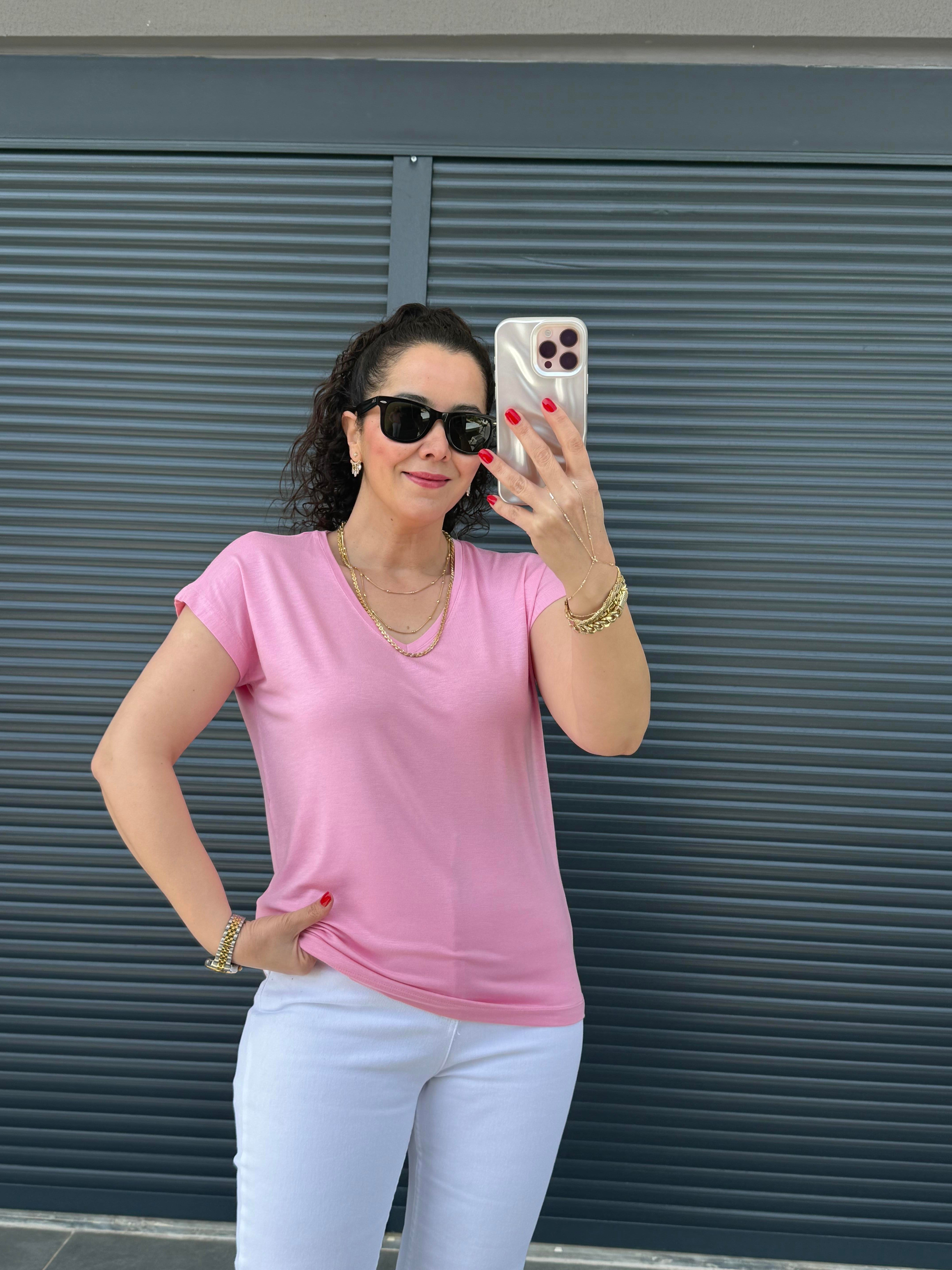Modal Kumaş  V Yaka T-Shirt Pembe
