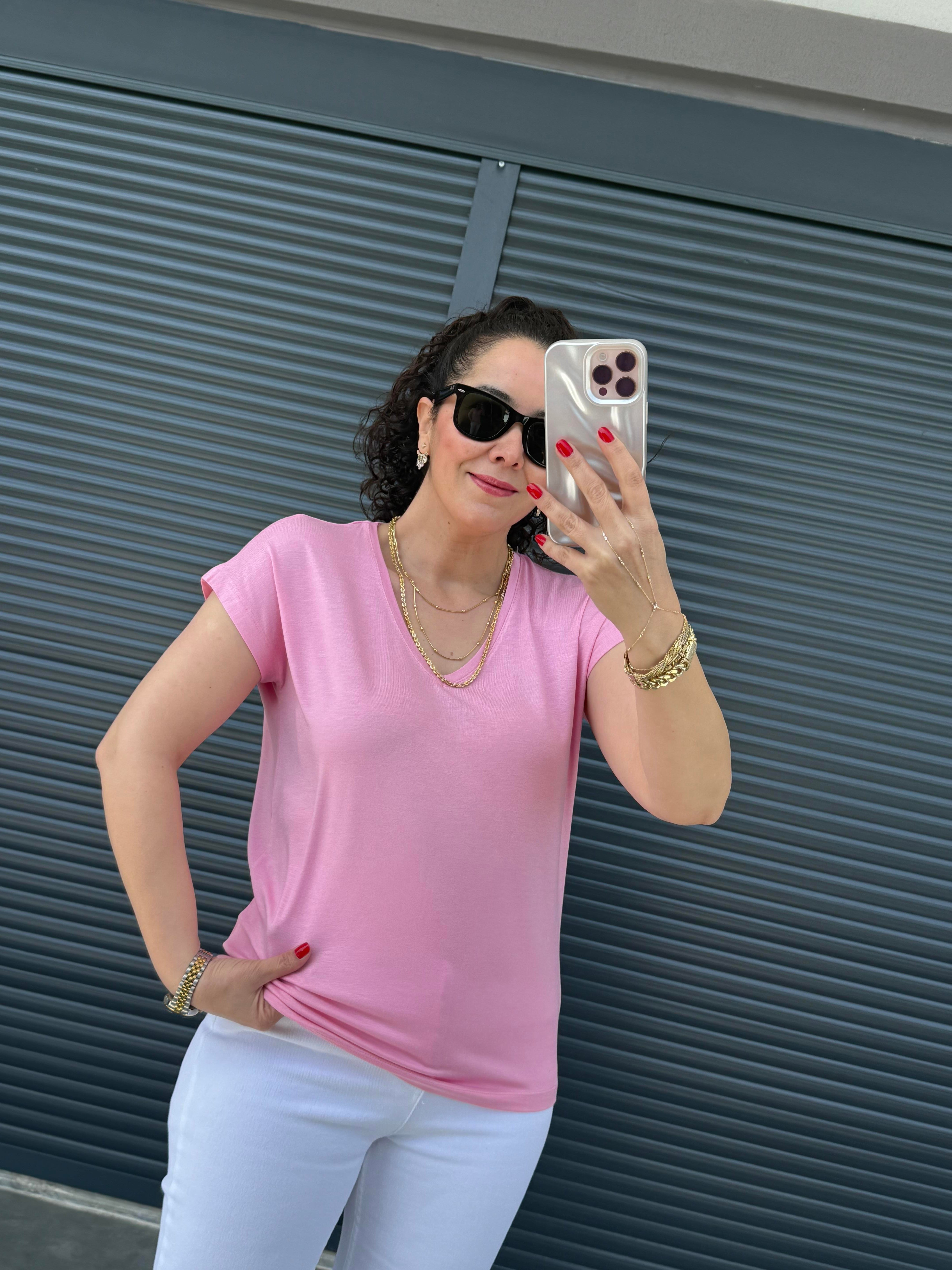 Modal Kumaş  V Yaka T-Shirt Pembe
