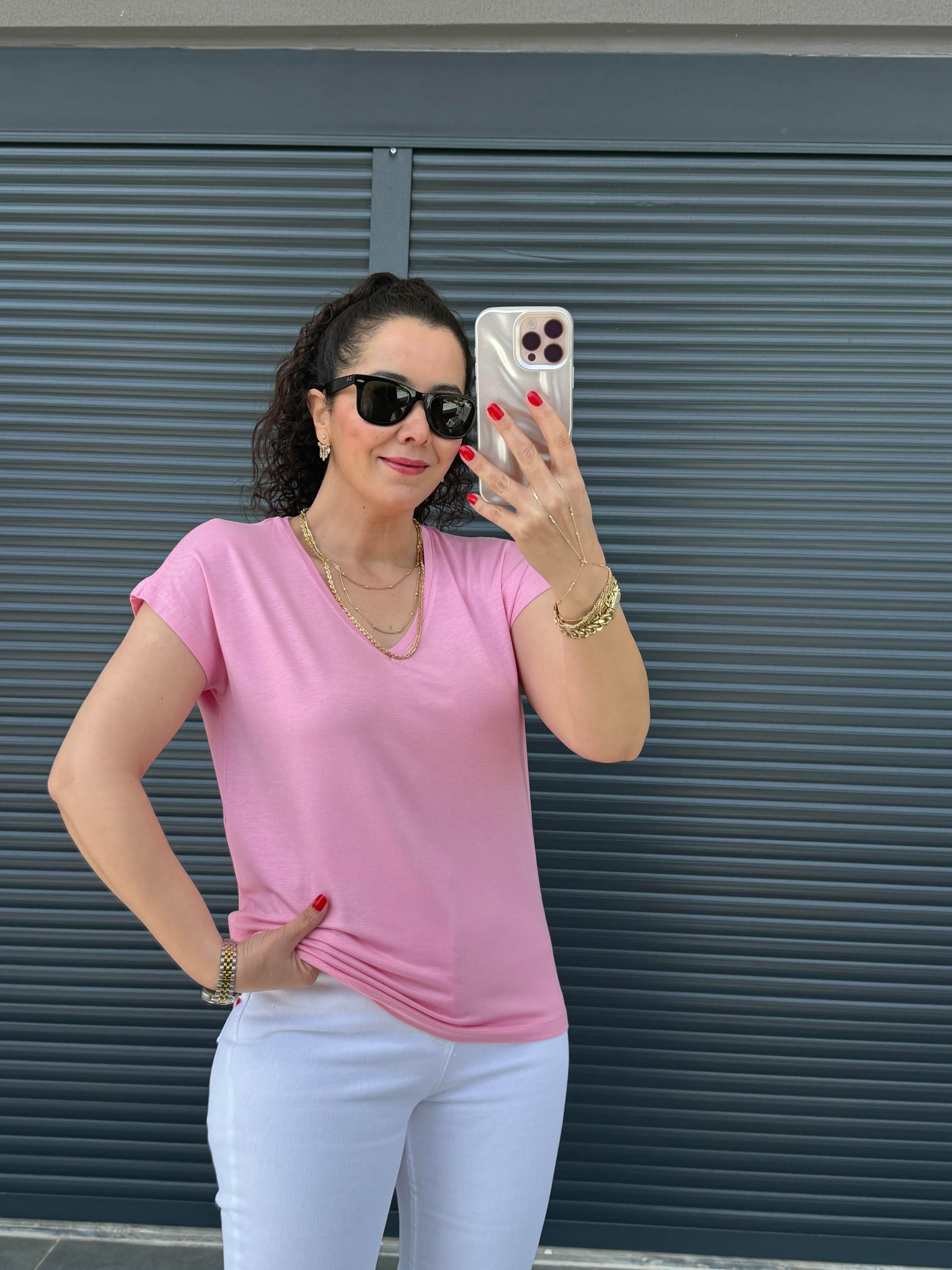 Modal Kumaş  V Yaka T-Shirt Pembe