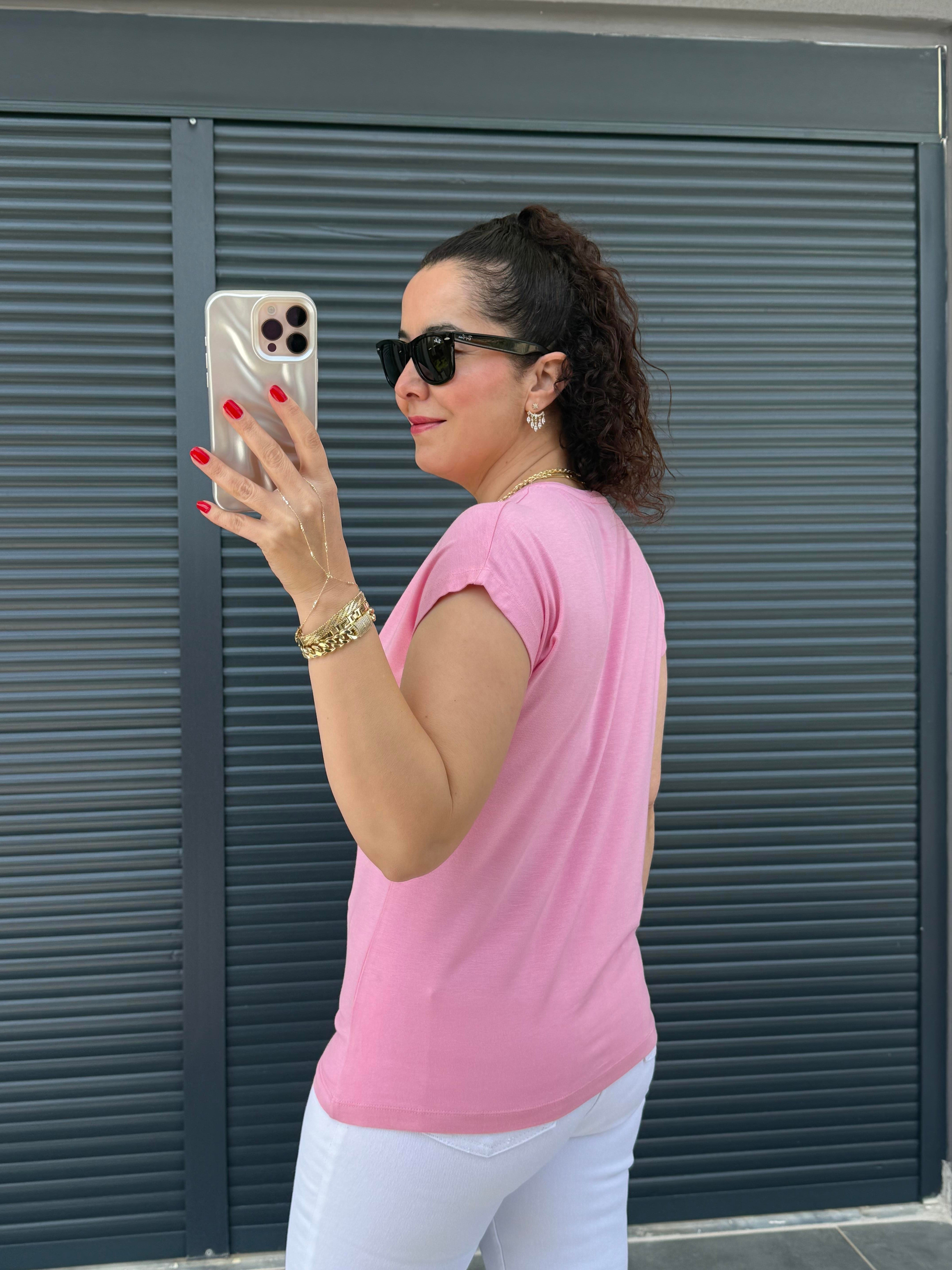 Modal Kumaş  V Yaka T-Shirt Pembe