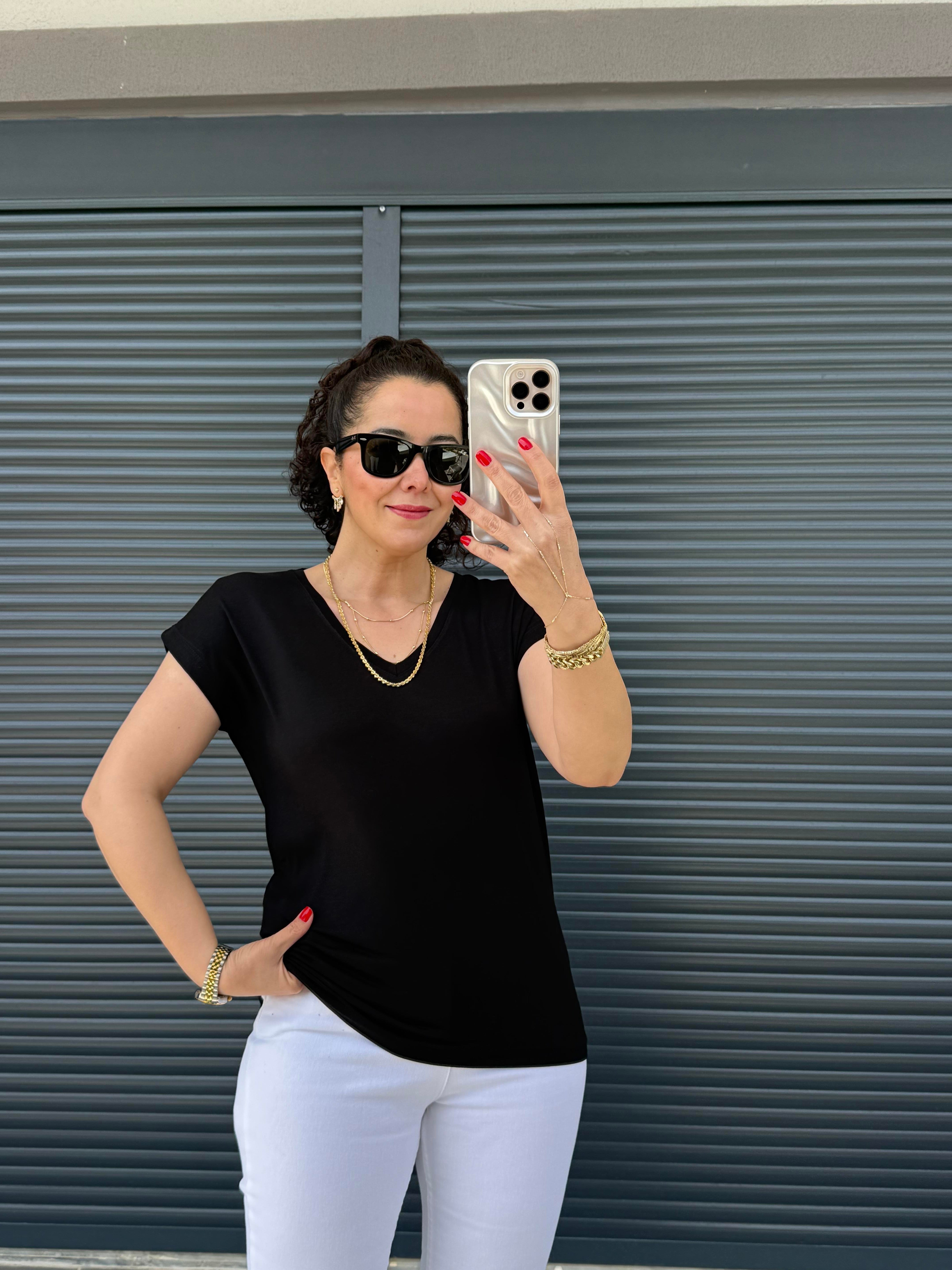 Modal Kumaş  V Yaka T-Shirt Siyah