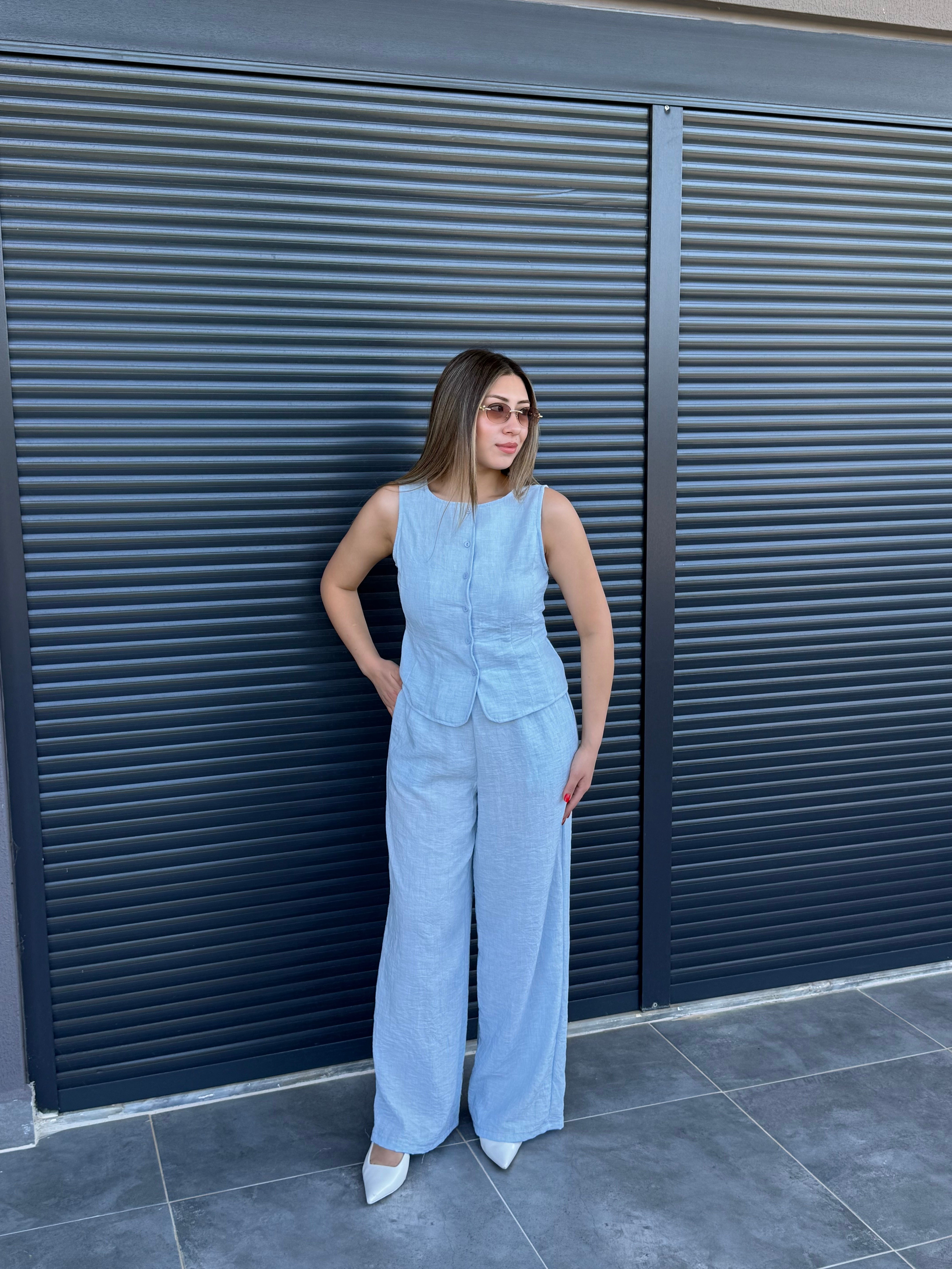 Önü Düğmeli Yelek Pantolon Takım Mavi