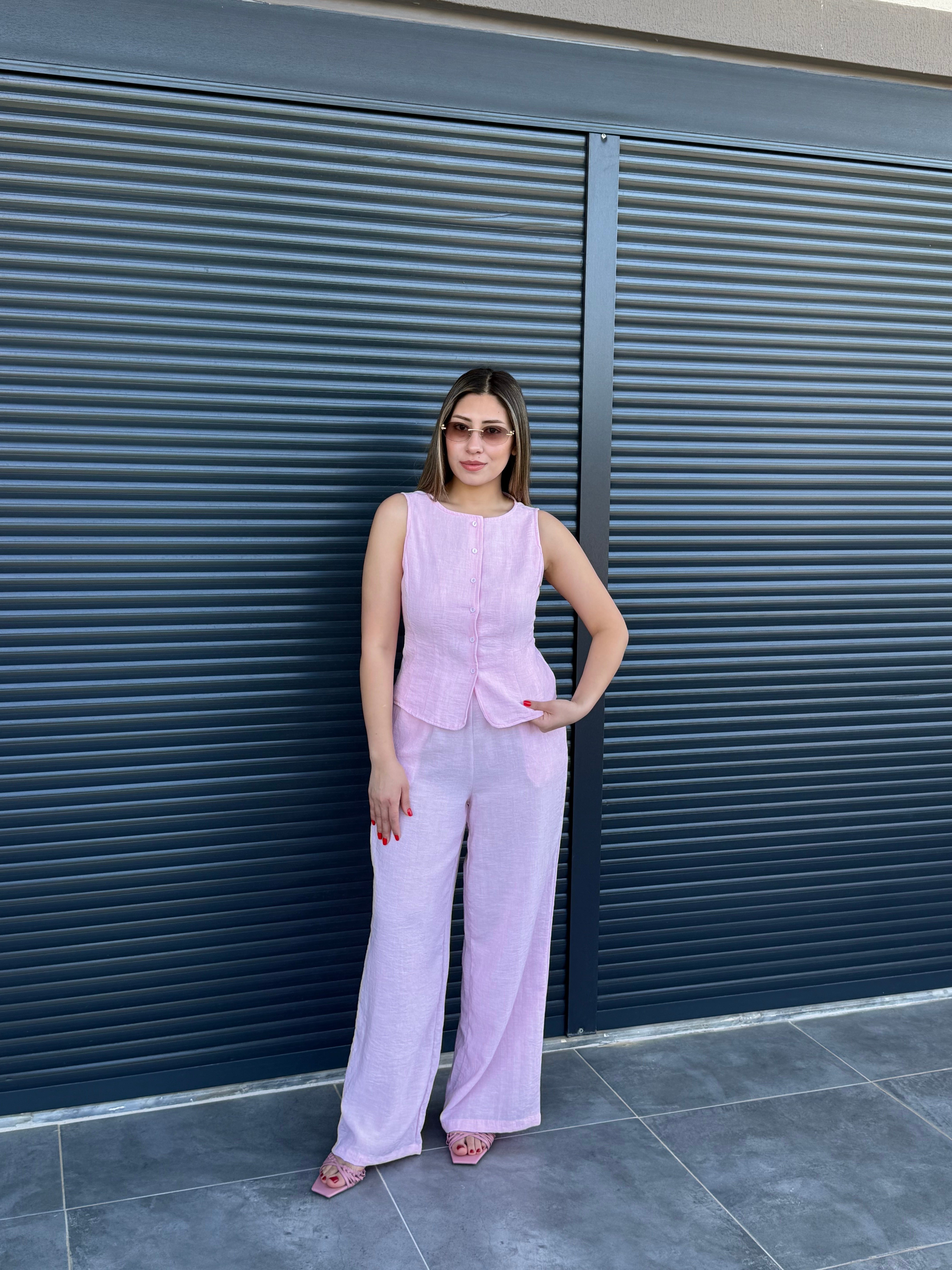 Önü Düğmeli Yelek Pantolon Takım Pembe