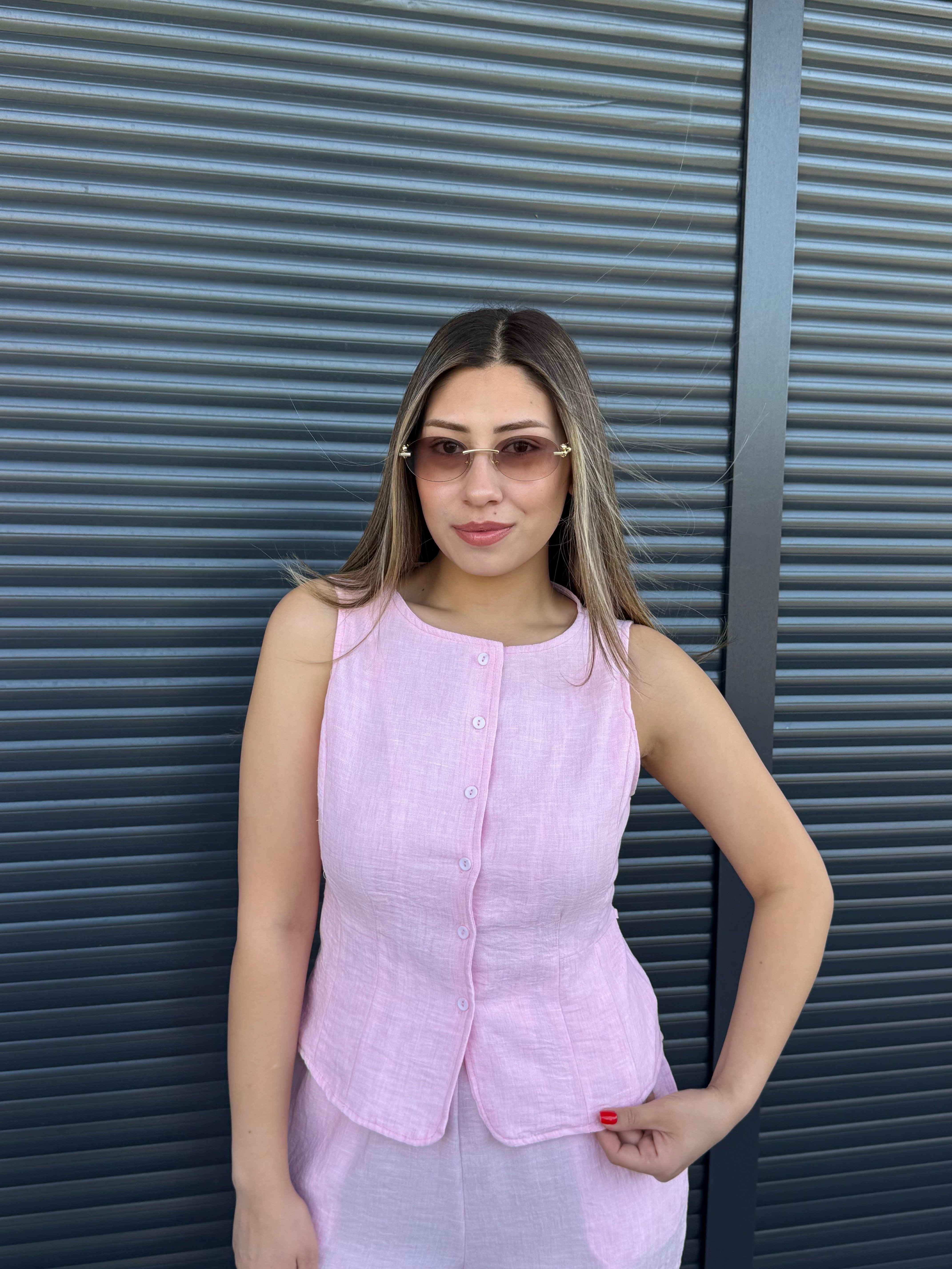 Önü Düğmeli Yelek Pantolon Takım Pembe