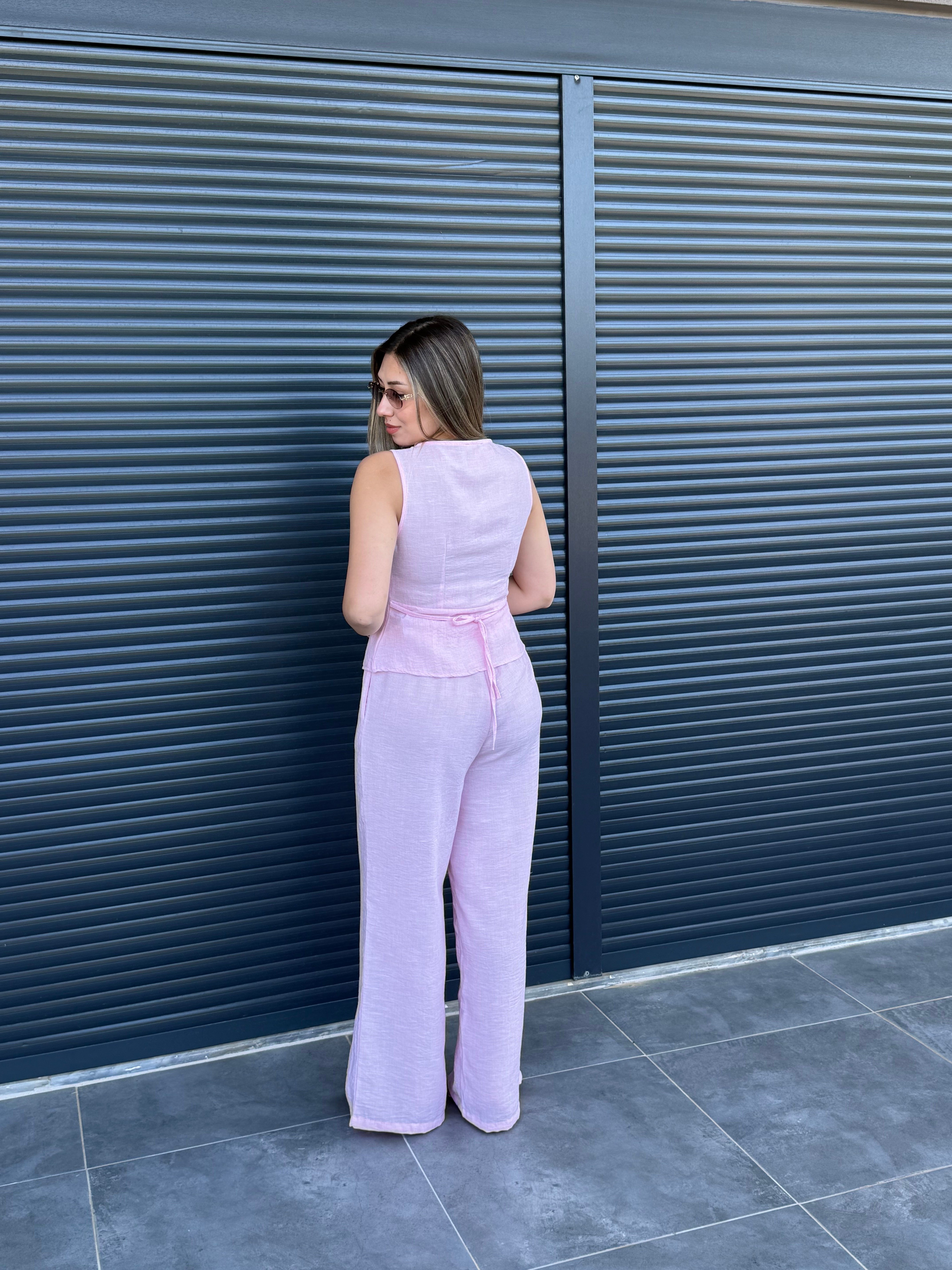 Önü Düğmeli Yelek Pantolon Takım Pembe